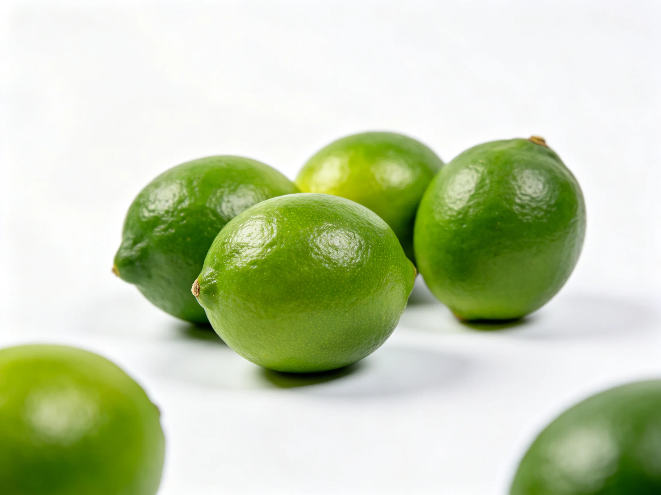 Six fresh green limes arranged on a white surface