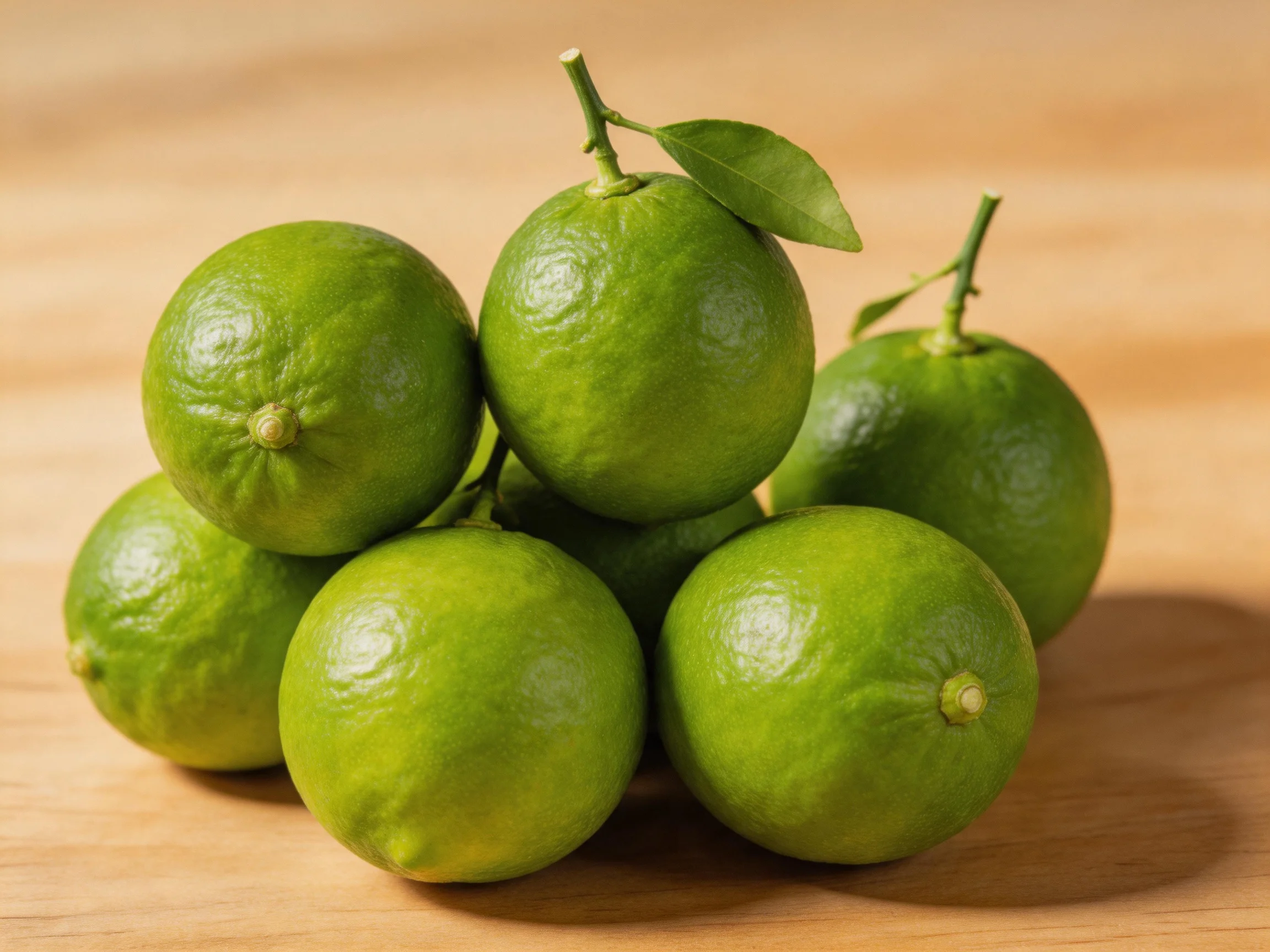 Six fresh green limes clustered on a wooden surface