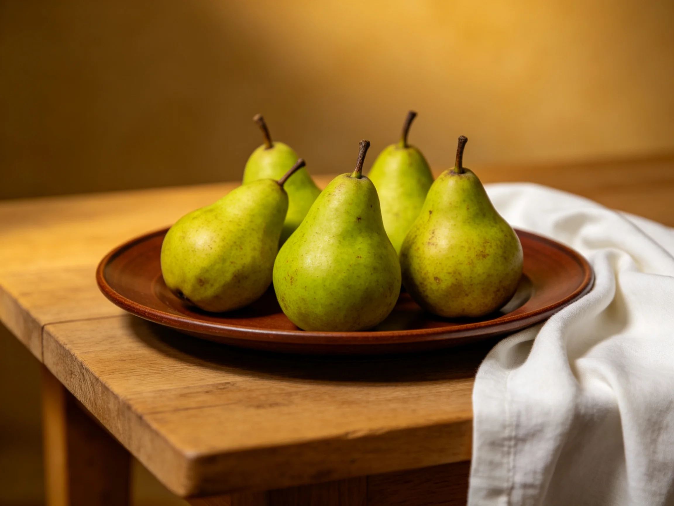 Six fresh green pears arranged on a dark brown ceramic plate