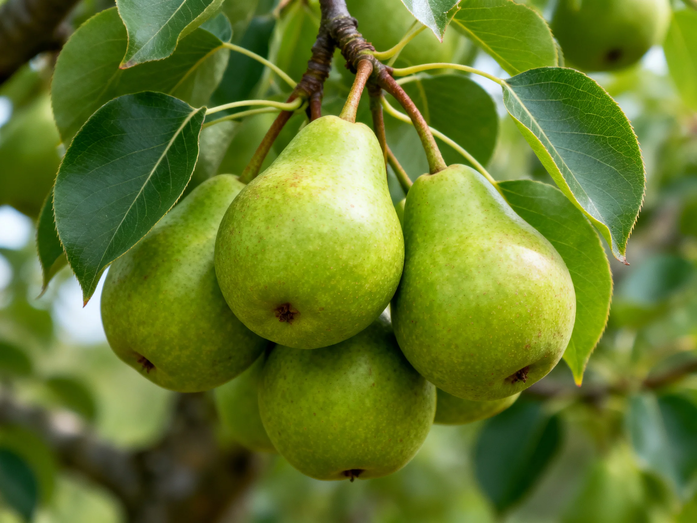 Six fresh green pears cluster on a leafy pear tree branch