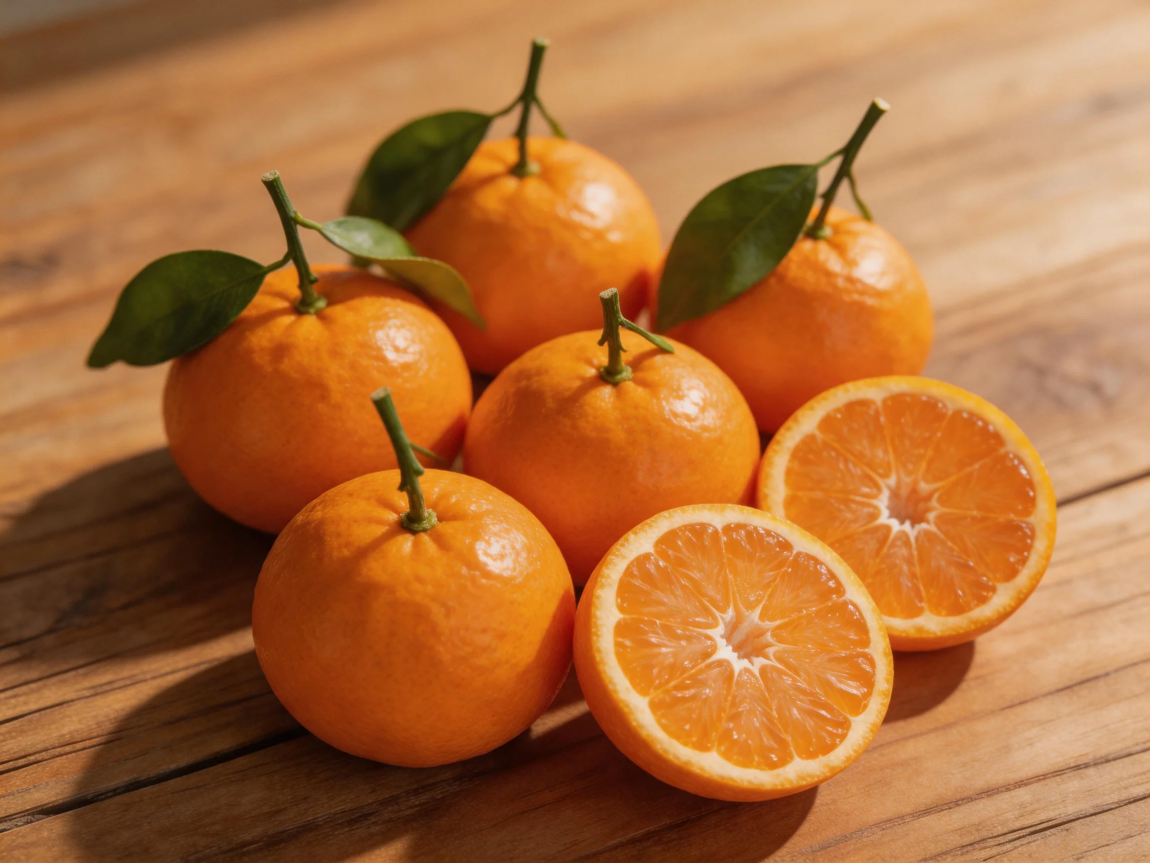 Six fresh orange citrus fruits with green leaves on a wooden table, two halved