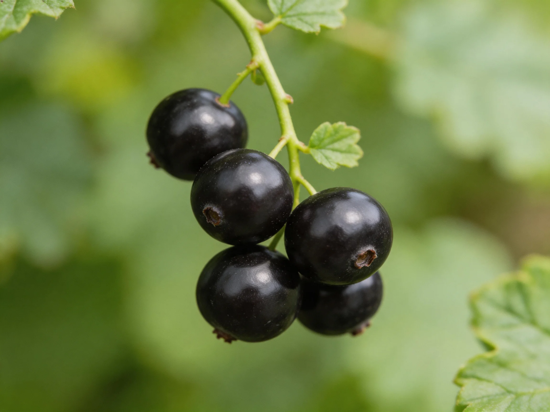 Six glossy blackberries cluster on a green stem amid lush foliage