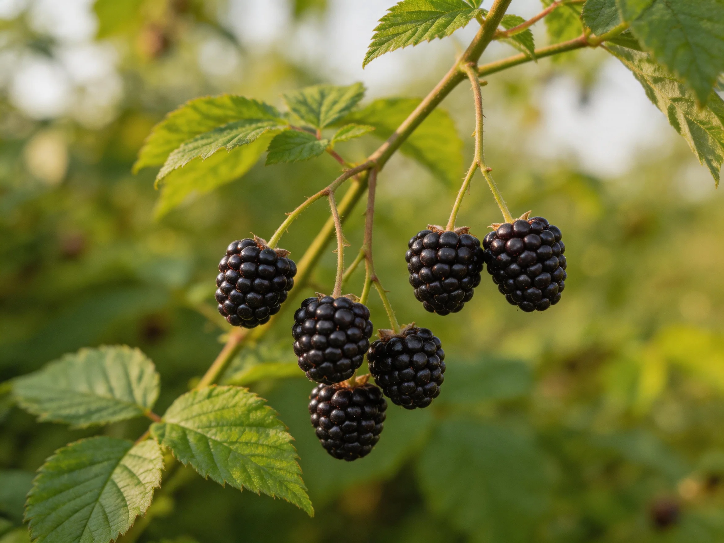 Six glossy blackberries cluster on a leafy branch with vibrant green leaves