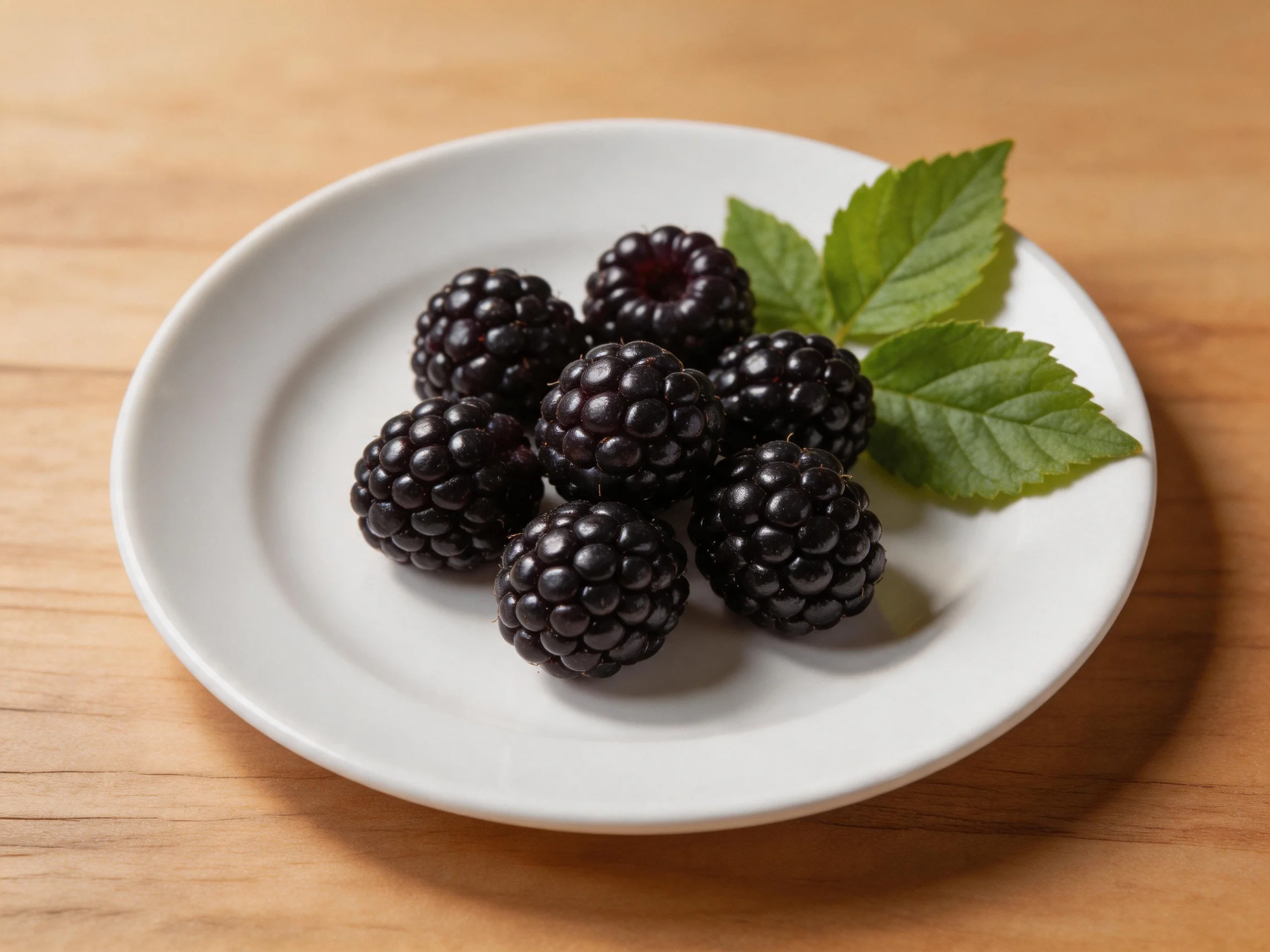 Six glossy blackberries on a white plate with green leaves