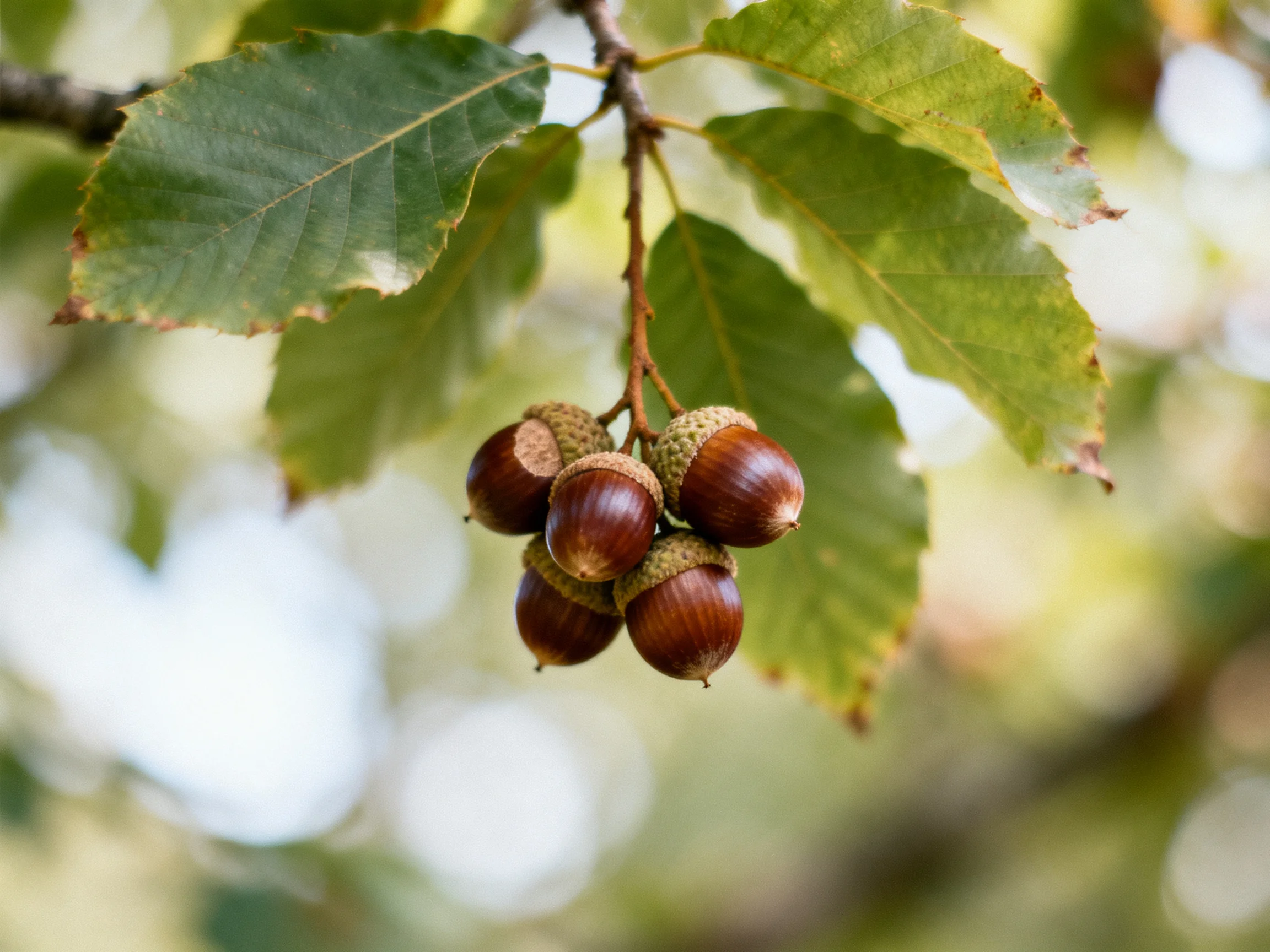 Six glossy brown acorns cluster among large green leaves