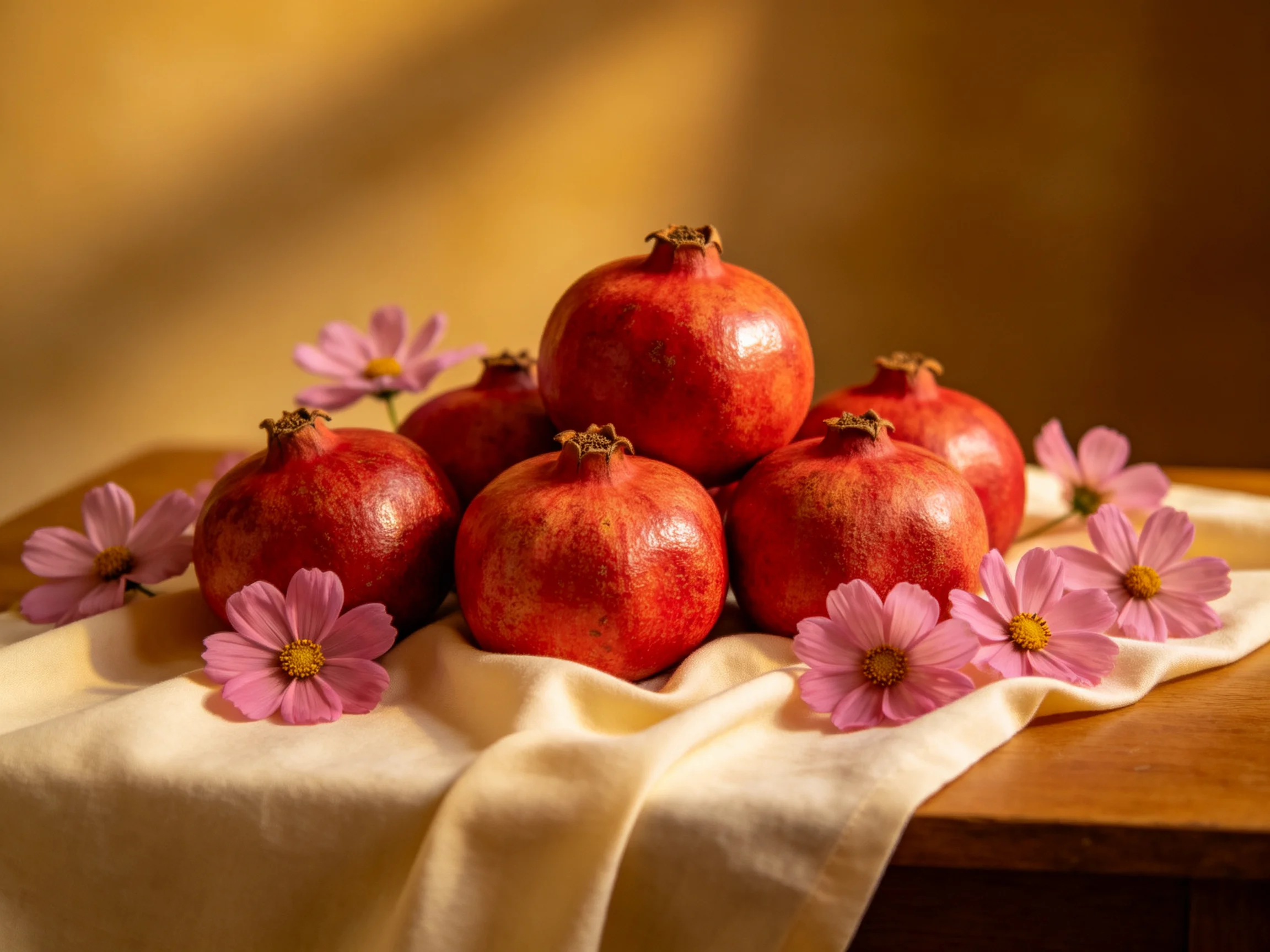 Six glossy pomegranates with soft pink flowers on a cream cloth