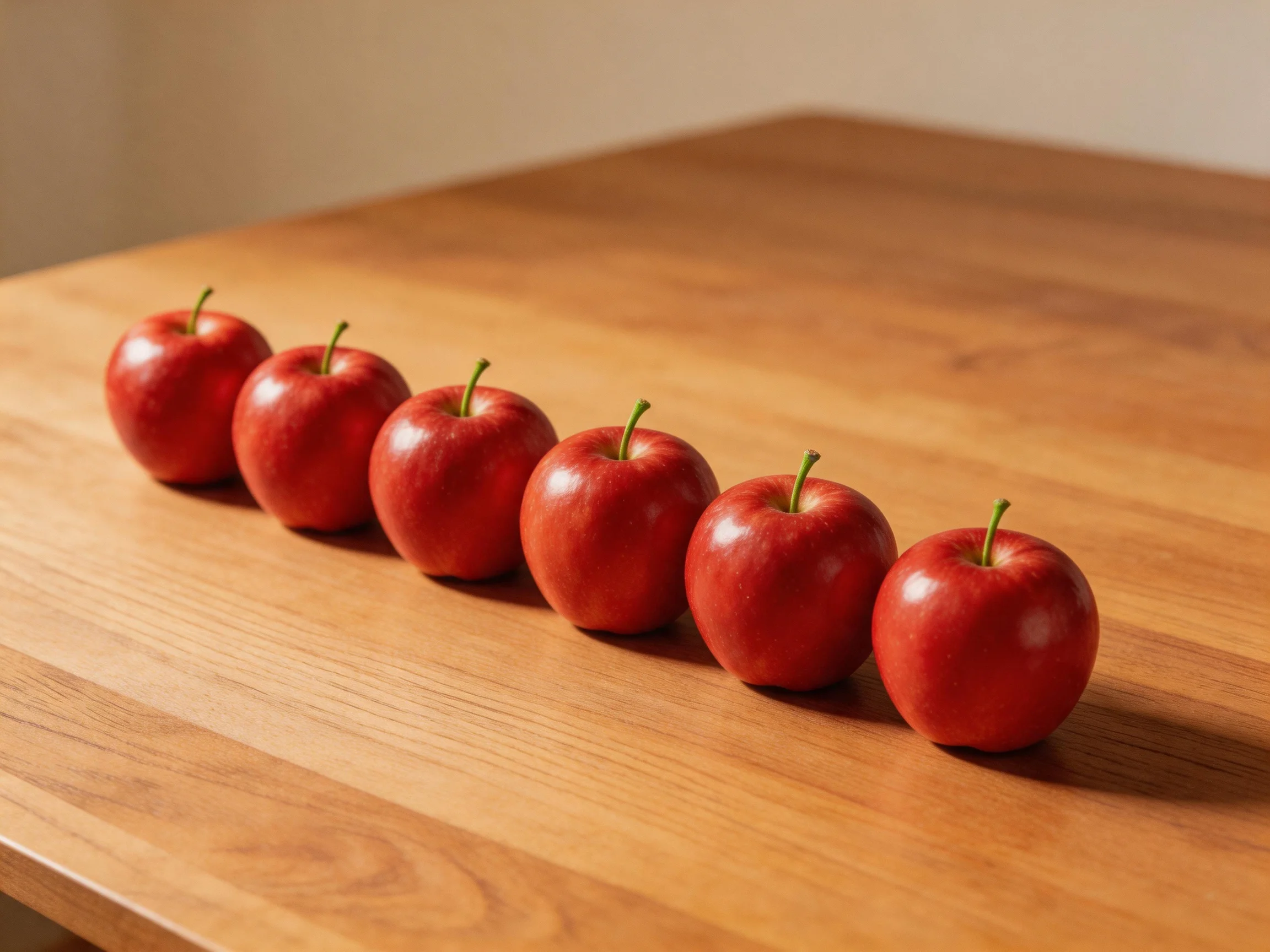 Six glossy red apples aligned sequentially on a wooden table.