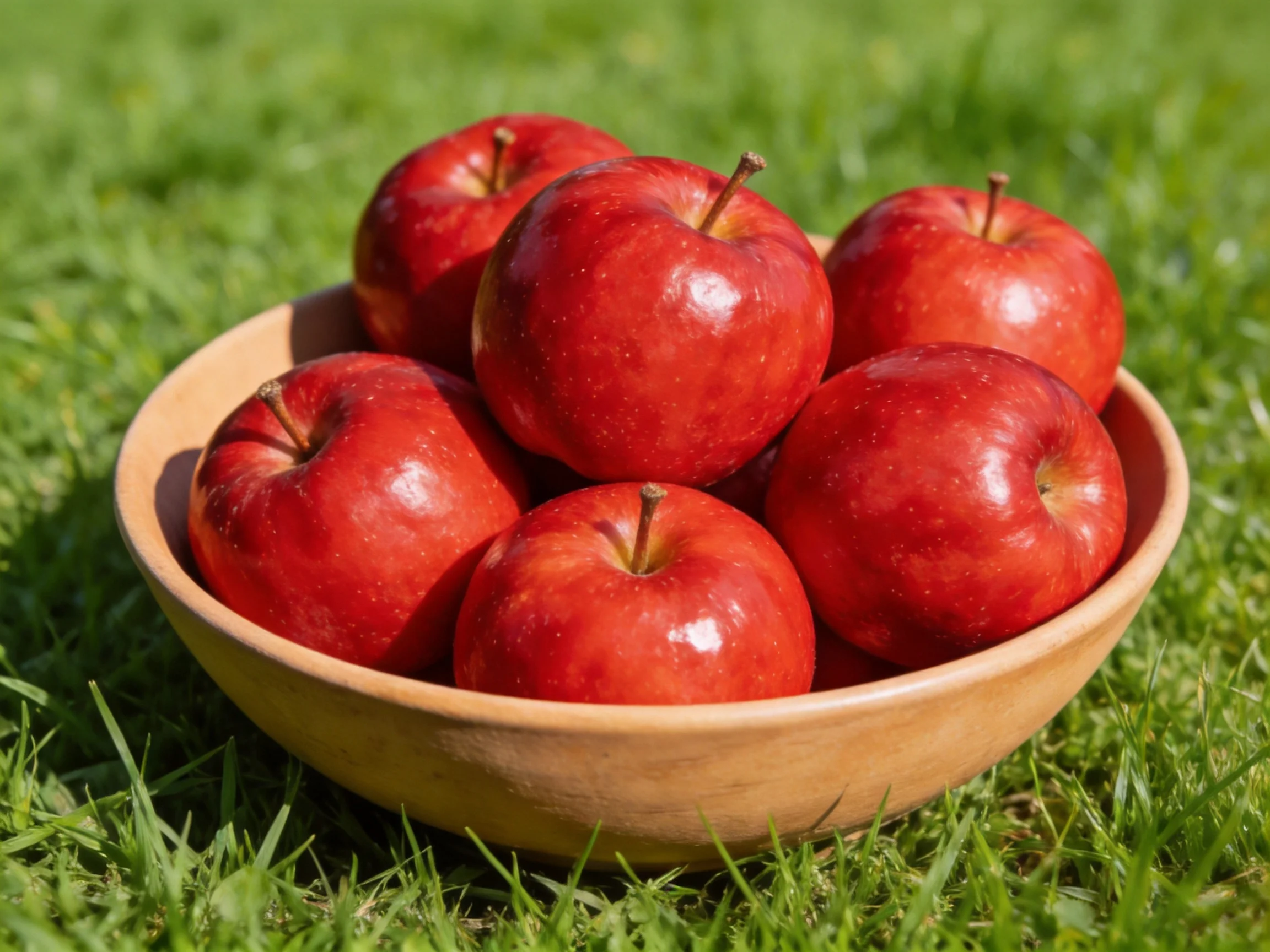 Six glossy red apples arranged in a wooden bowl on green grass