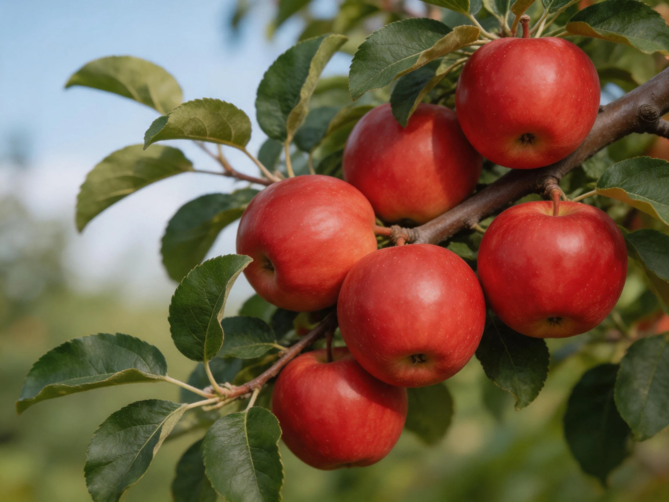Six glossy red apples cluster on a tree branch with green foliage