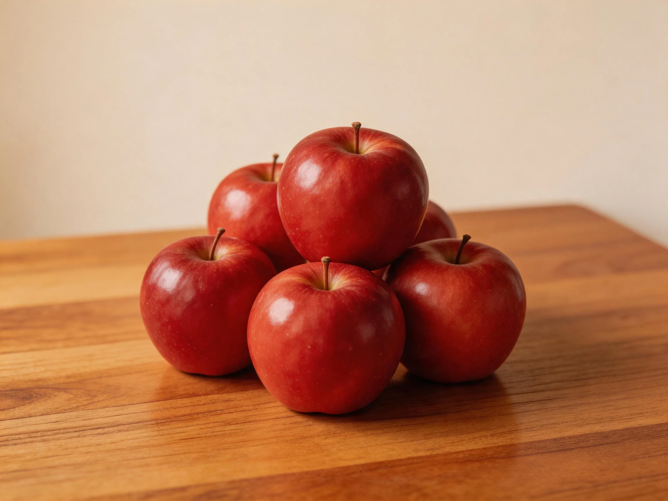 Six glossy red apples stacked in a pyramid on a wooden surface