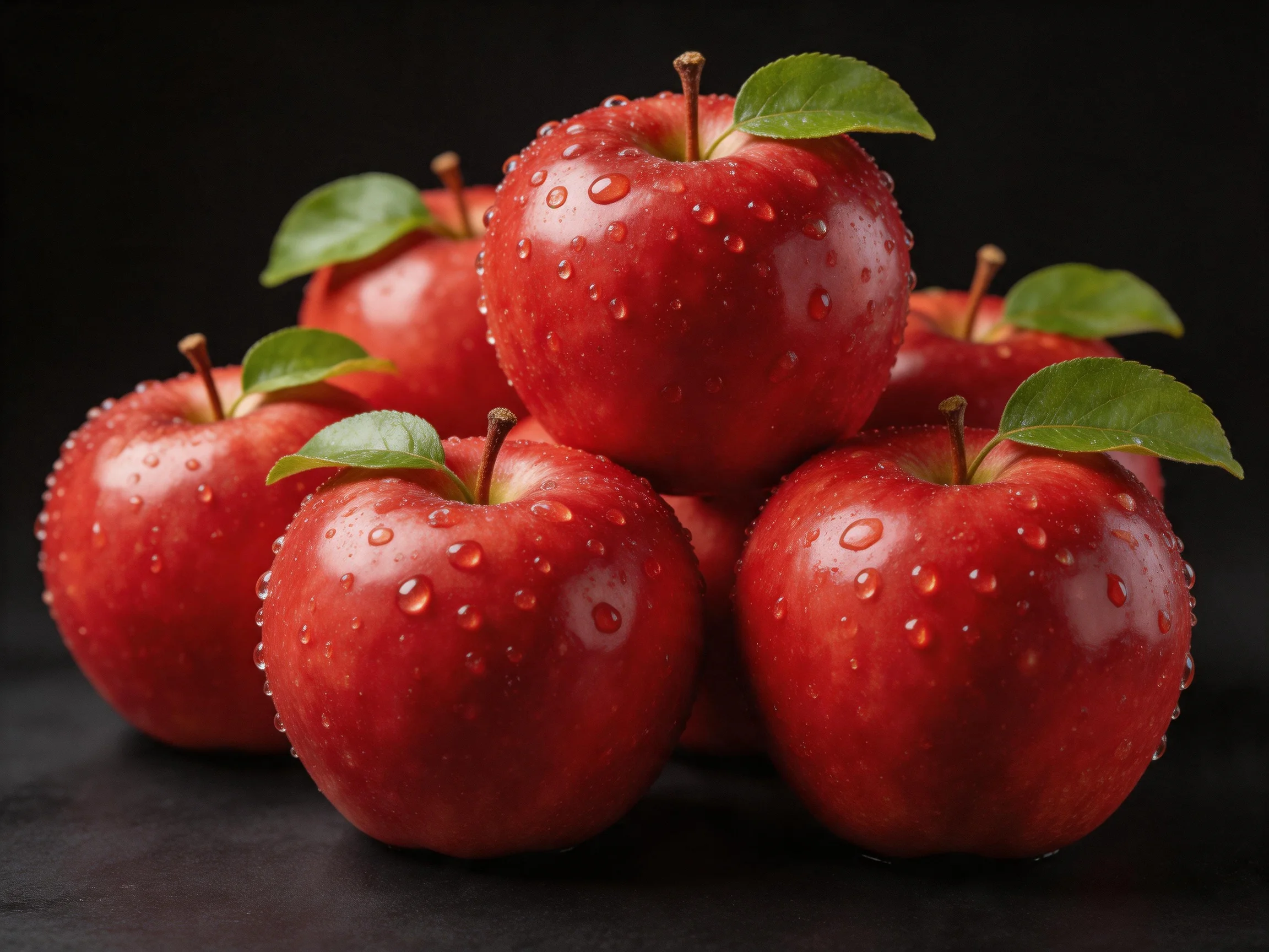 Six glossy red apples stacked with fresh green leaves and water droplets