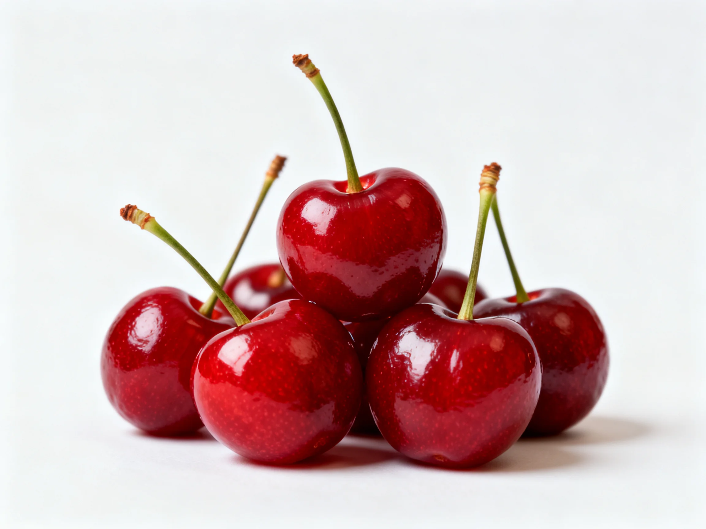 Six glossy red cherries clustered with green stems on a white background