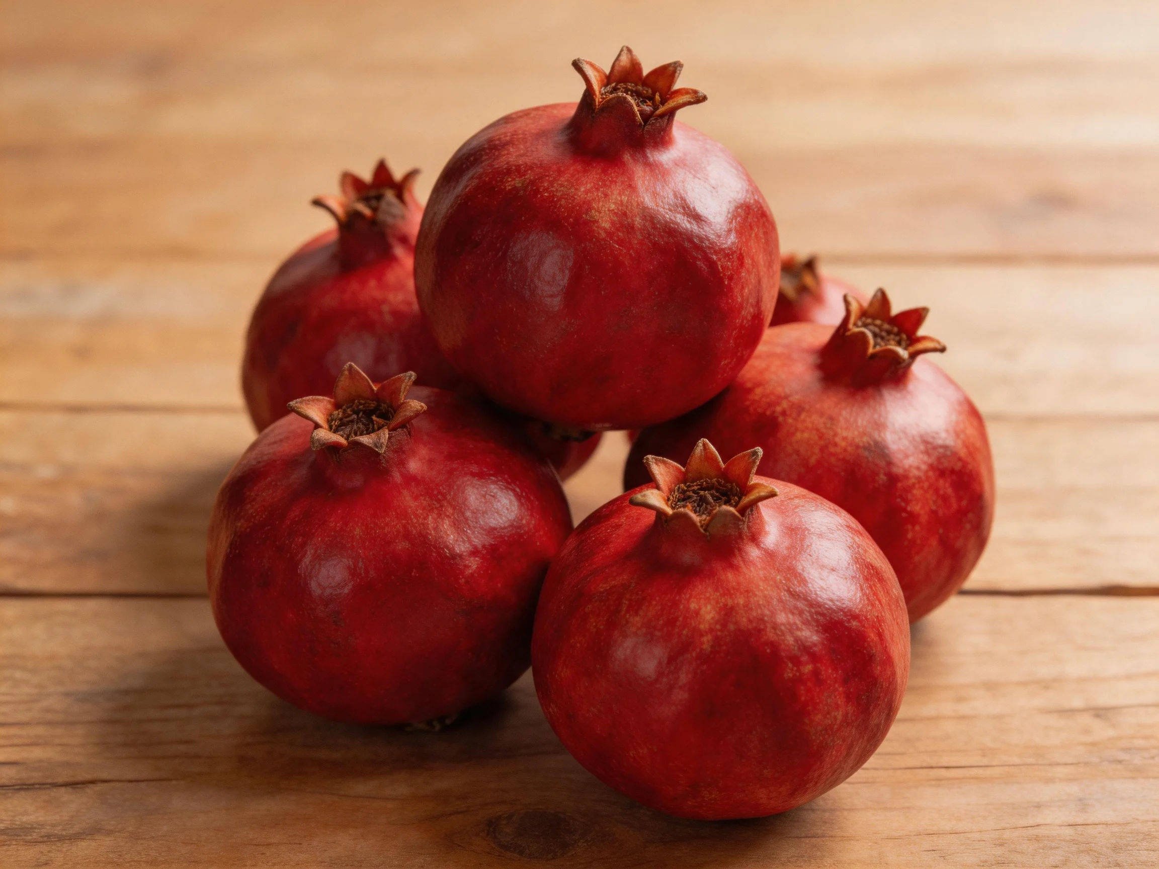 Six glossy red pomegranates stacked on a wooden surface
