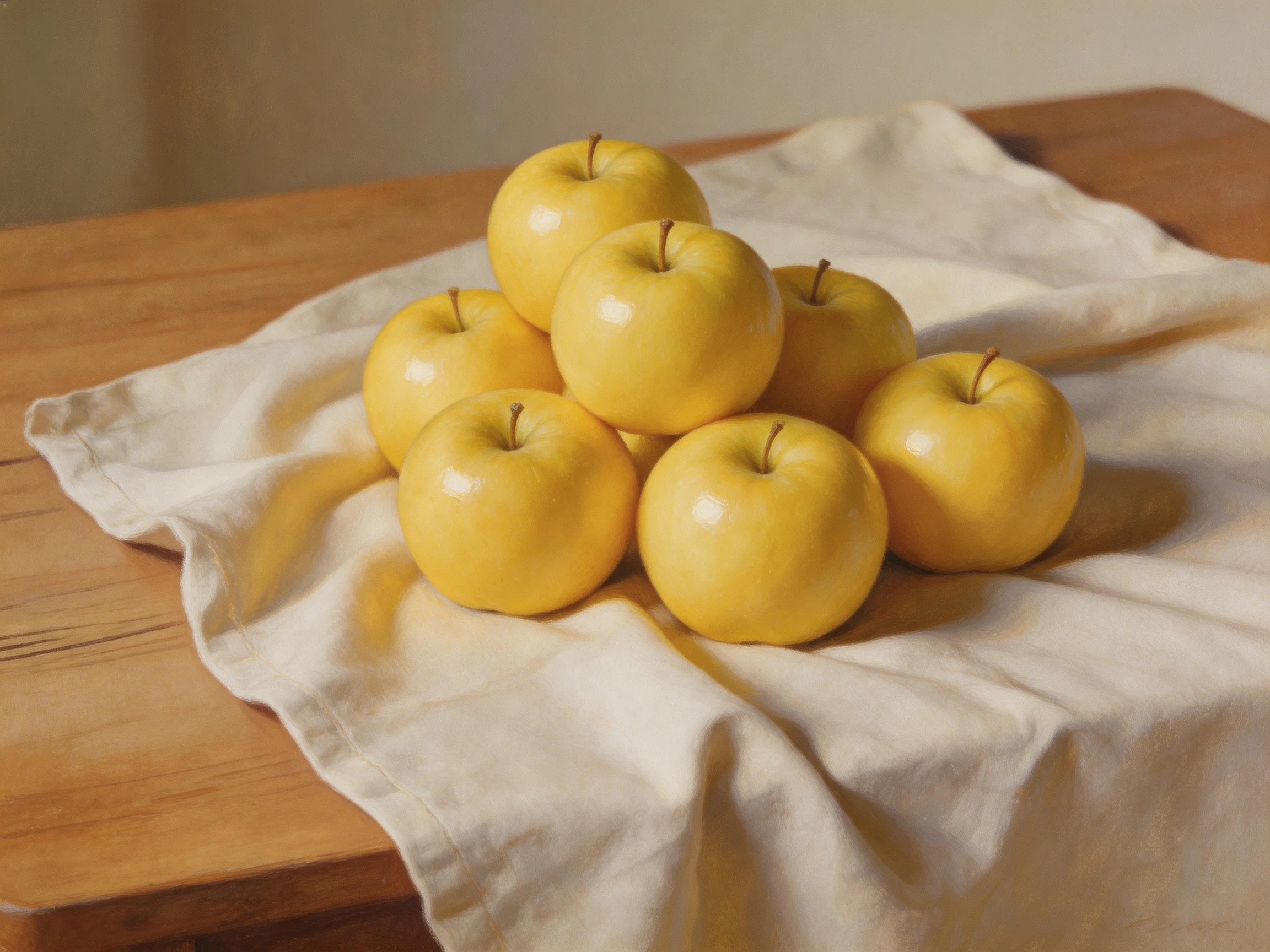 Six golden apples arranged on a cream cloth over a wooden table