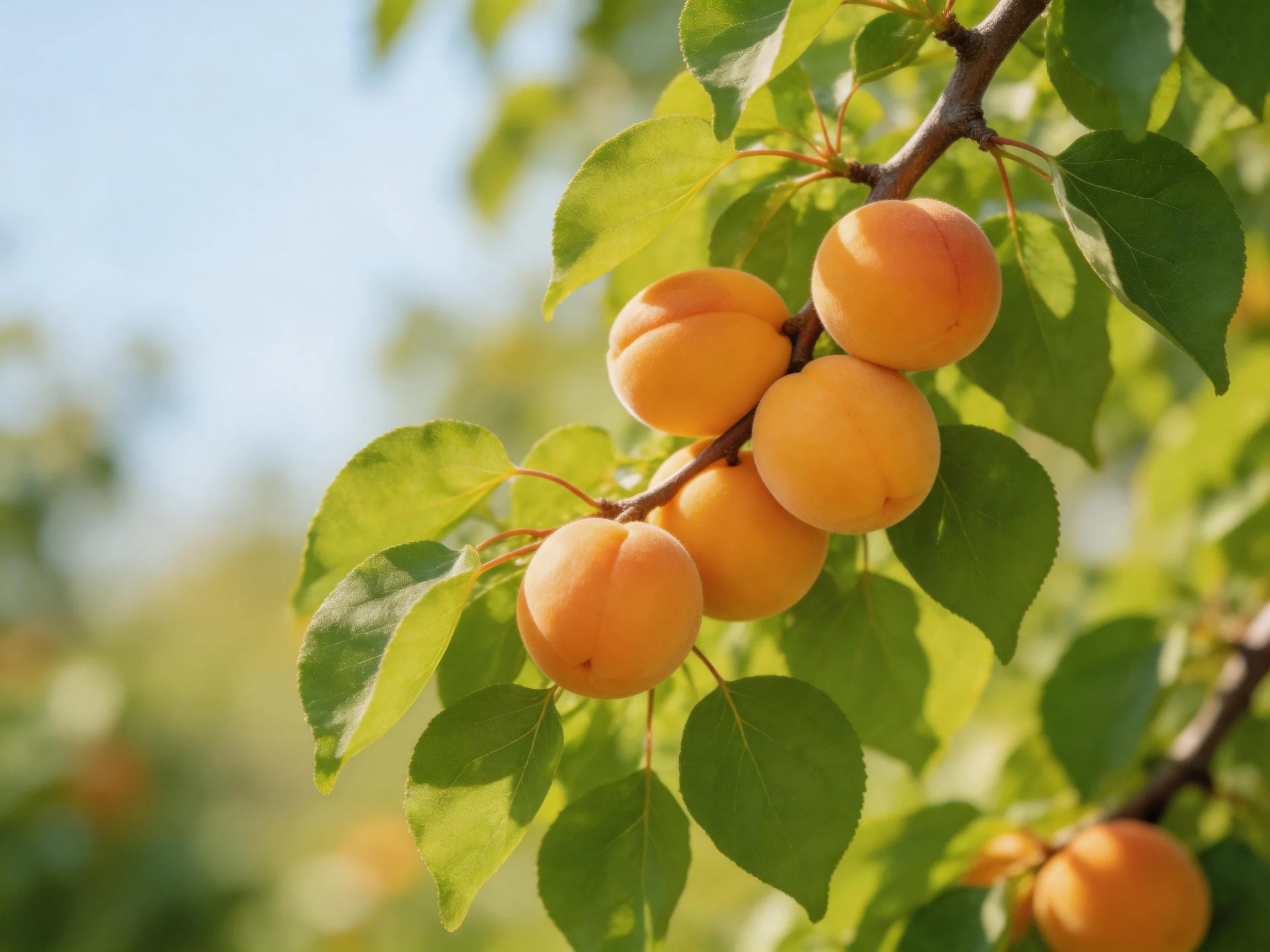 Six golden apricots cluster on a tree branch with lush green leaves