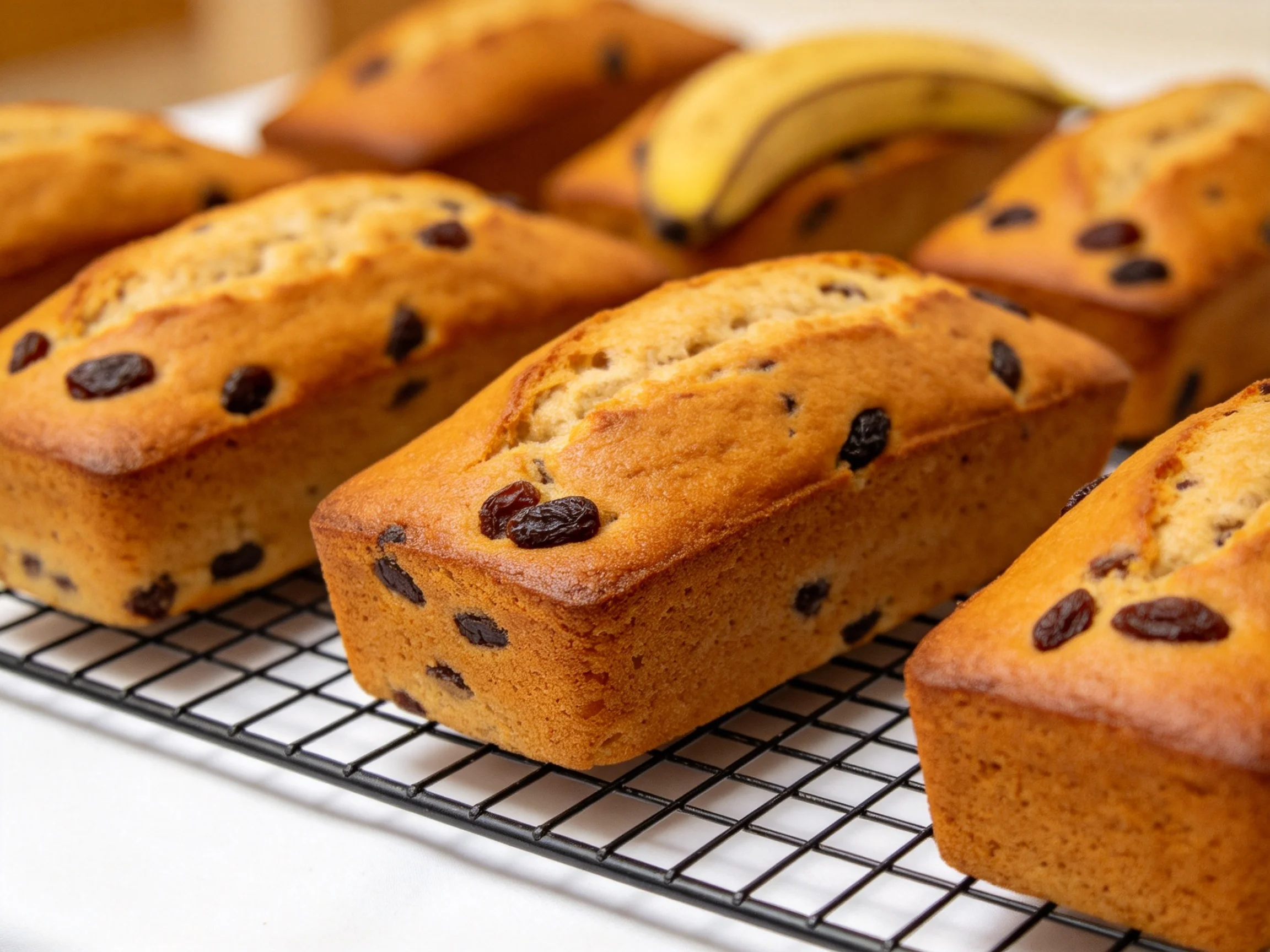 Six golden-brown loaf cakes with dark raisins on a cooling rack