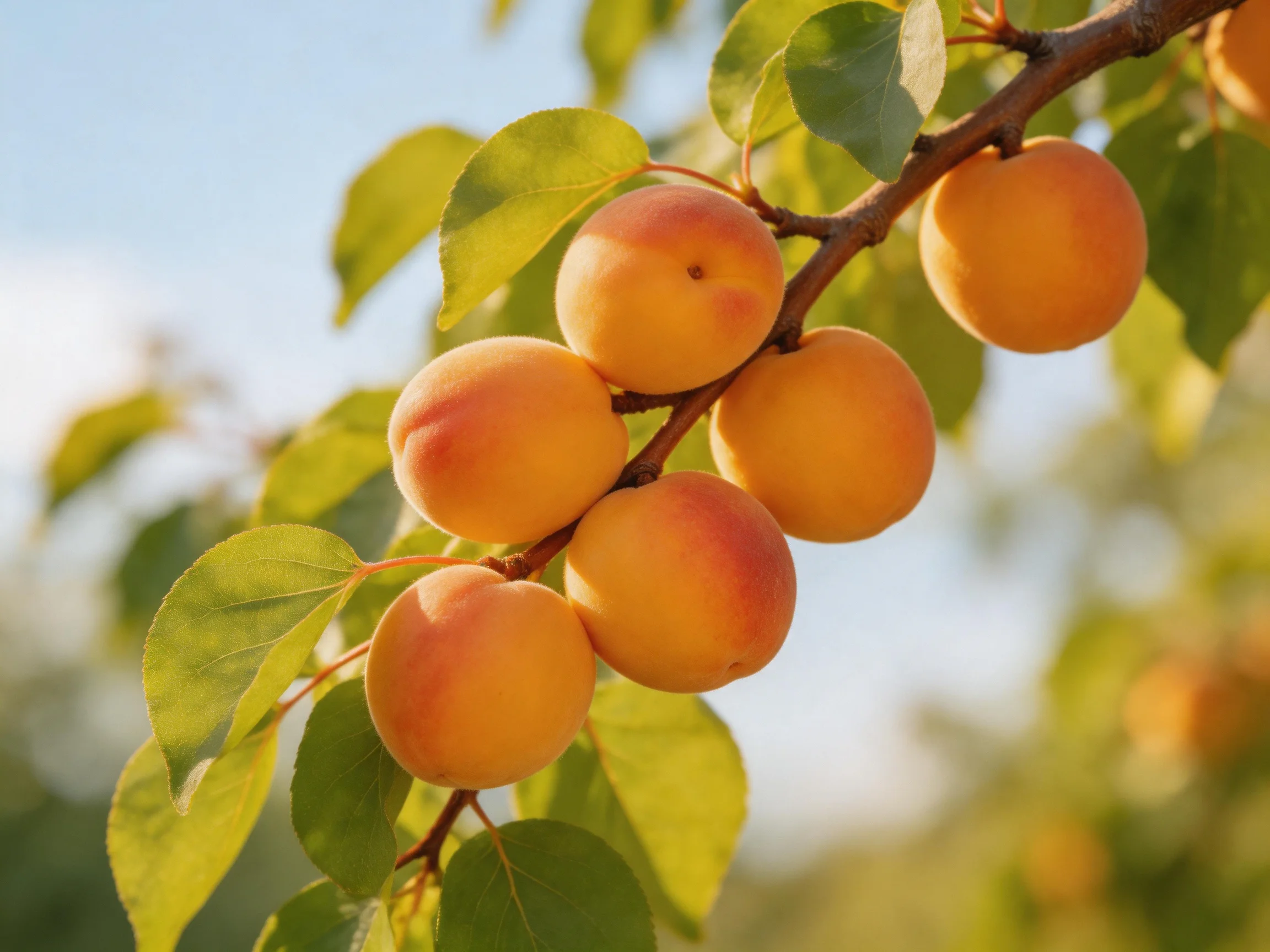 Six golden-orange apricots cluster on a tree branch with vibrant green leaves