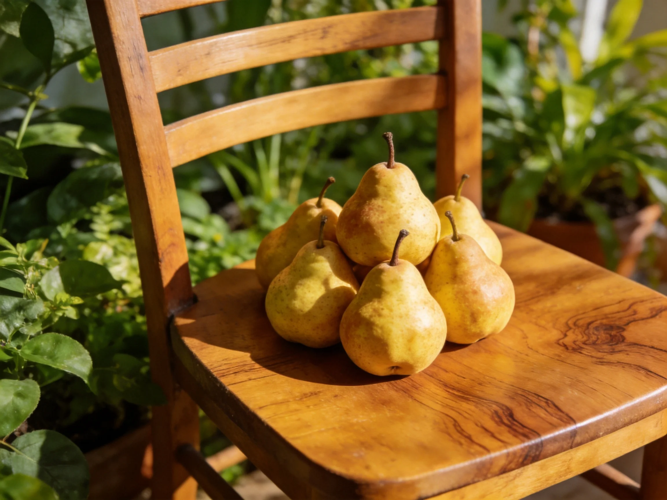 Six golden pears arranged on a polished wooden chair outdoors