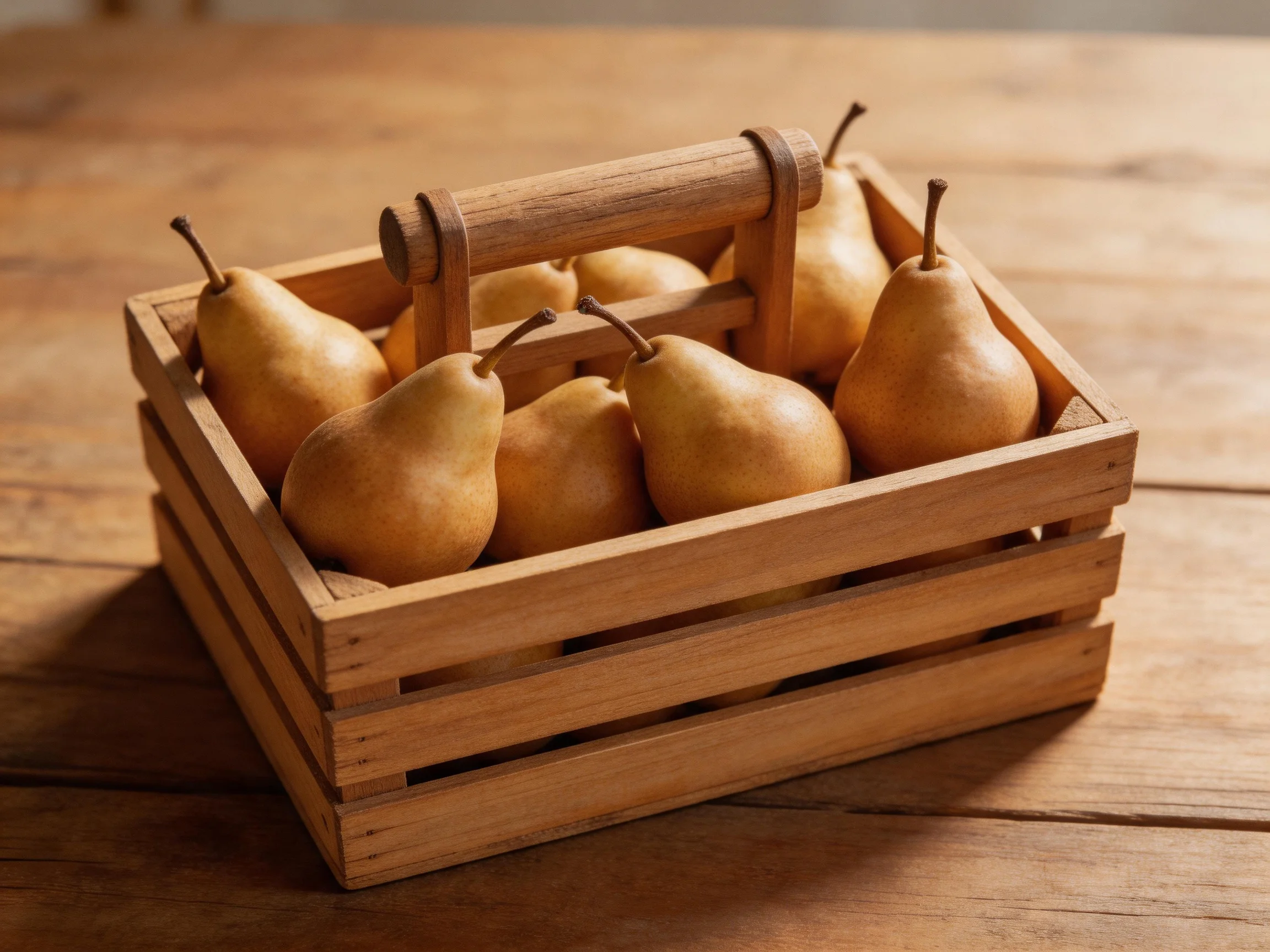 Six golden pears stored in a wooden crate on a wooden table