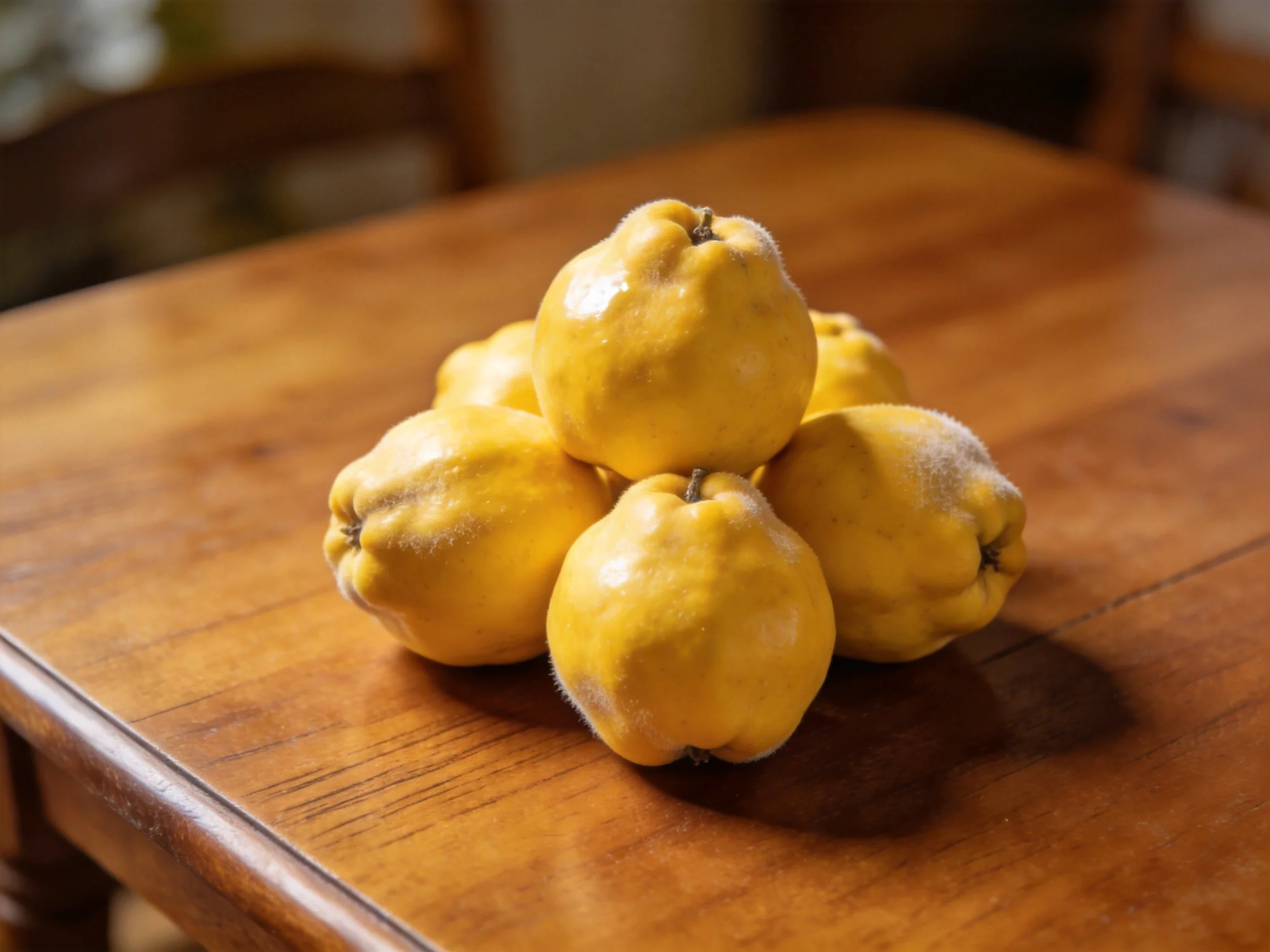 Six golden quinces arranged in a pyramid on a polished wooden table