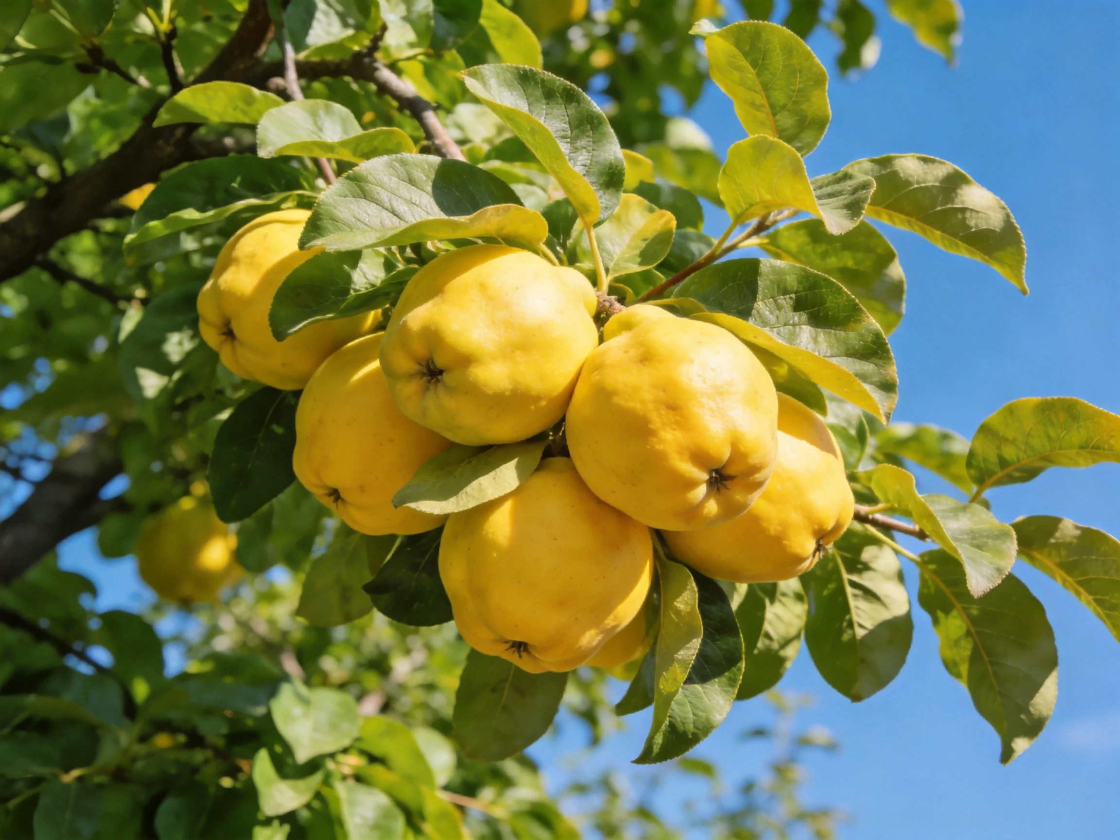 Six golden quinces cluster on a tree with green leaves under blue sky