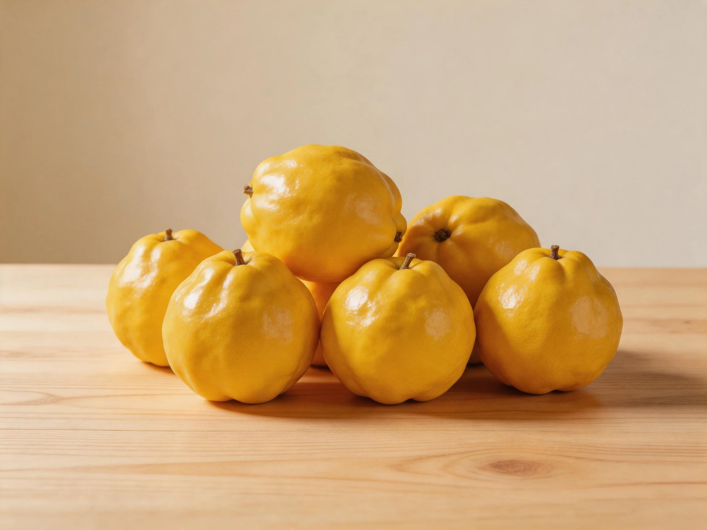 Six golden-yellow quinces arranged on a smooth wooden surface