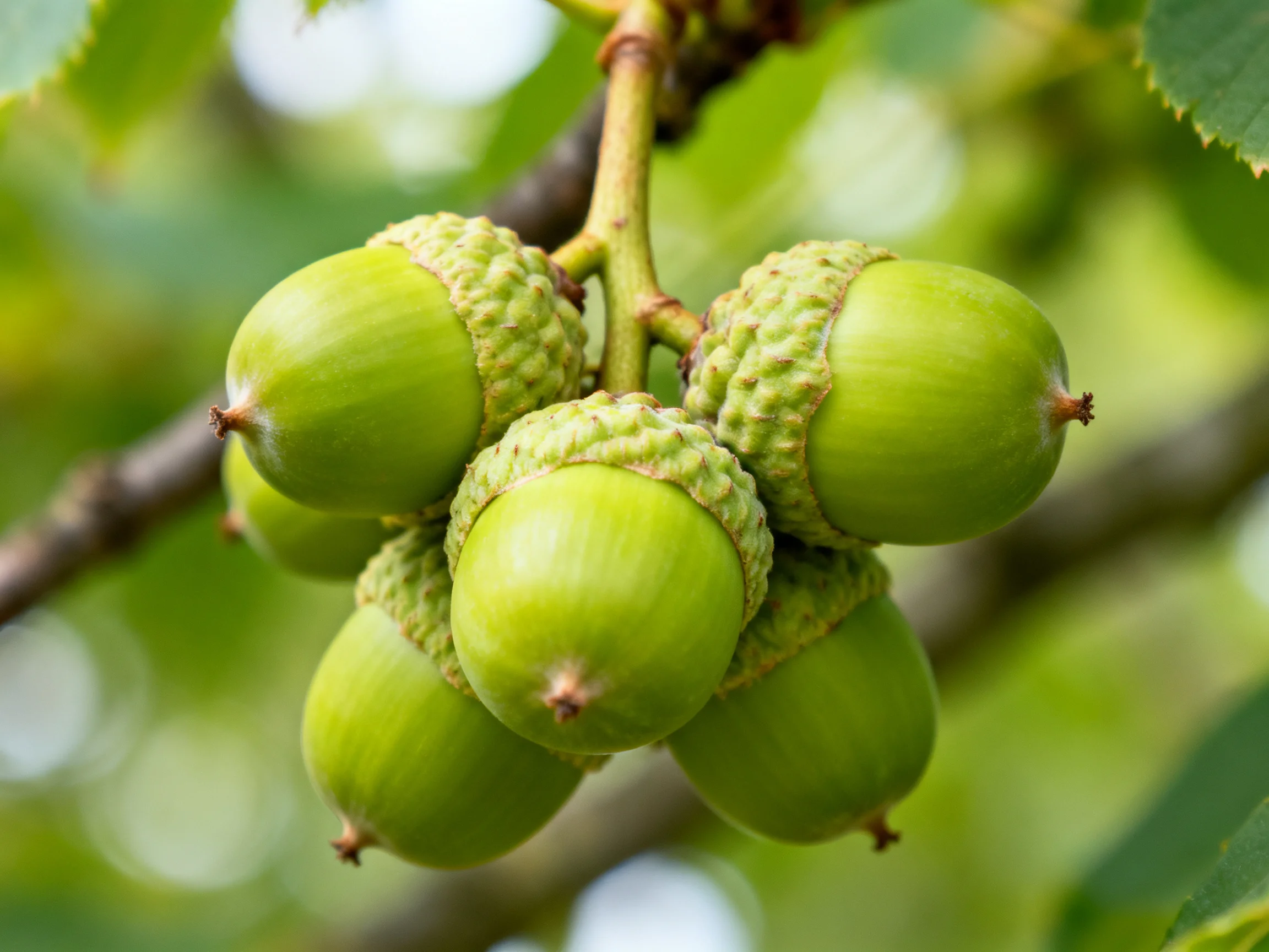 Six green acorns clustered on a tree branch