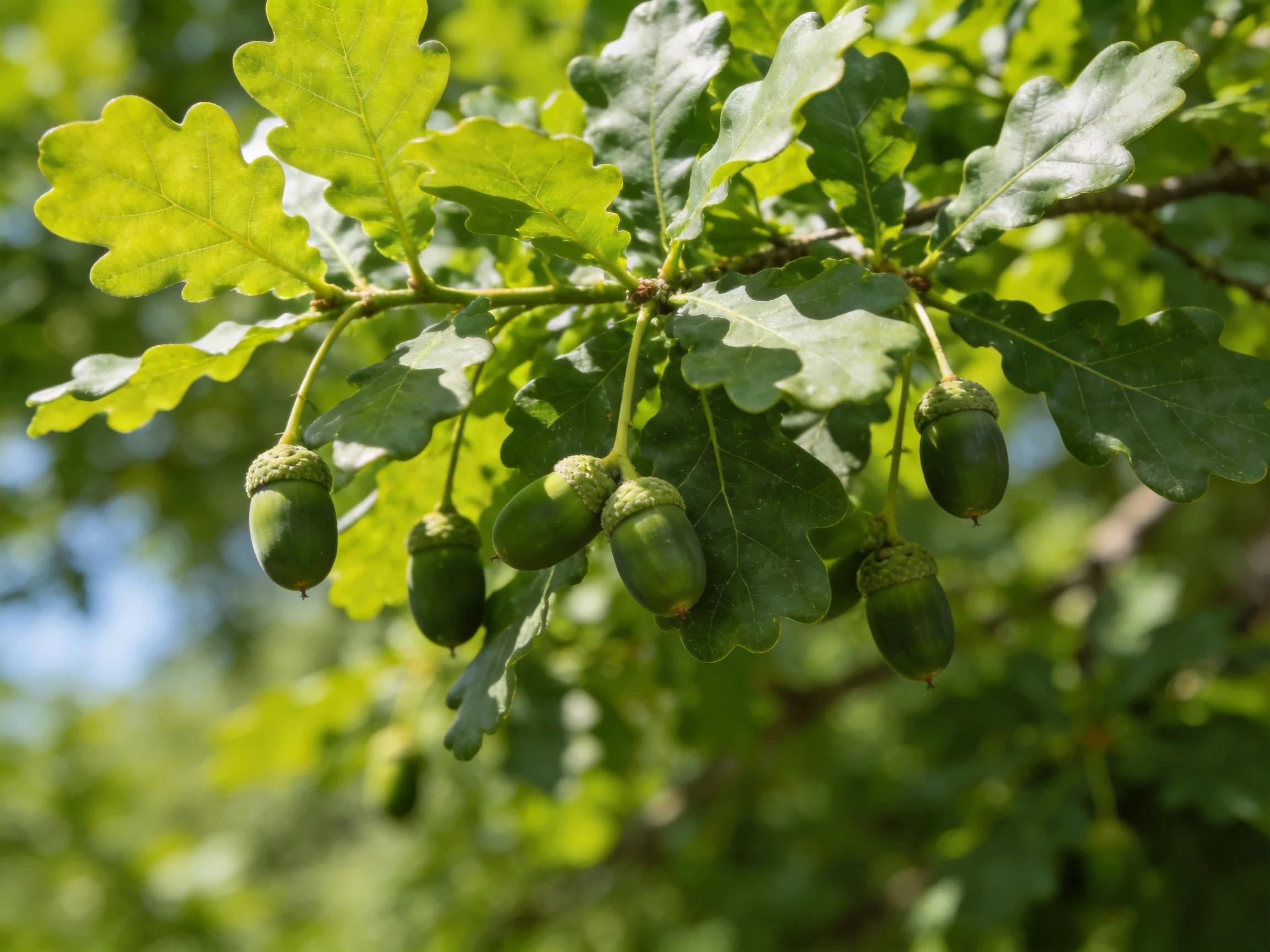 Six green acorns hang from a lush oak branch with textured leaves