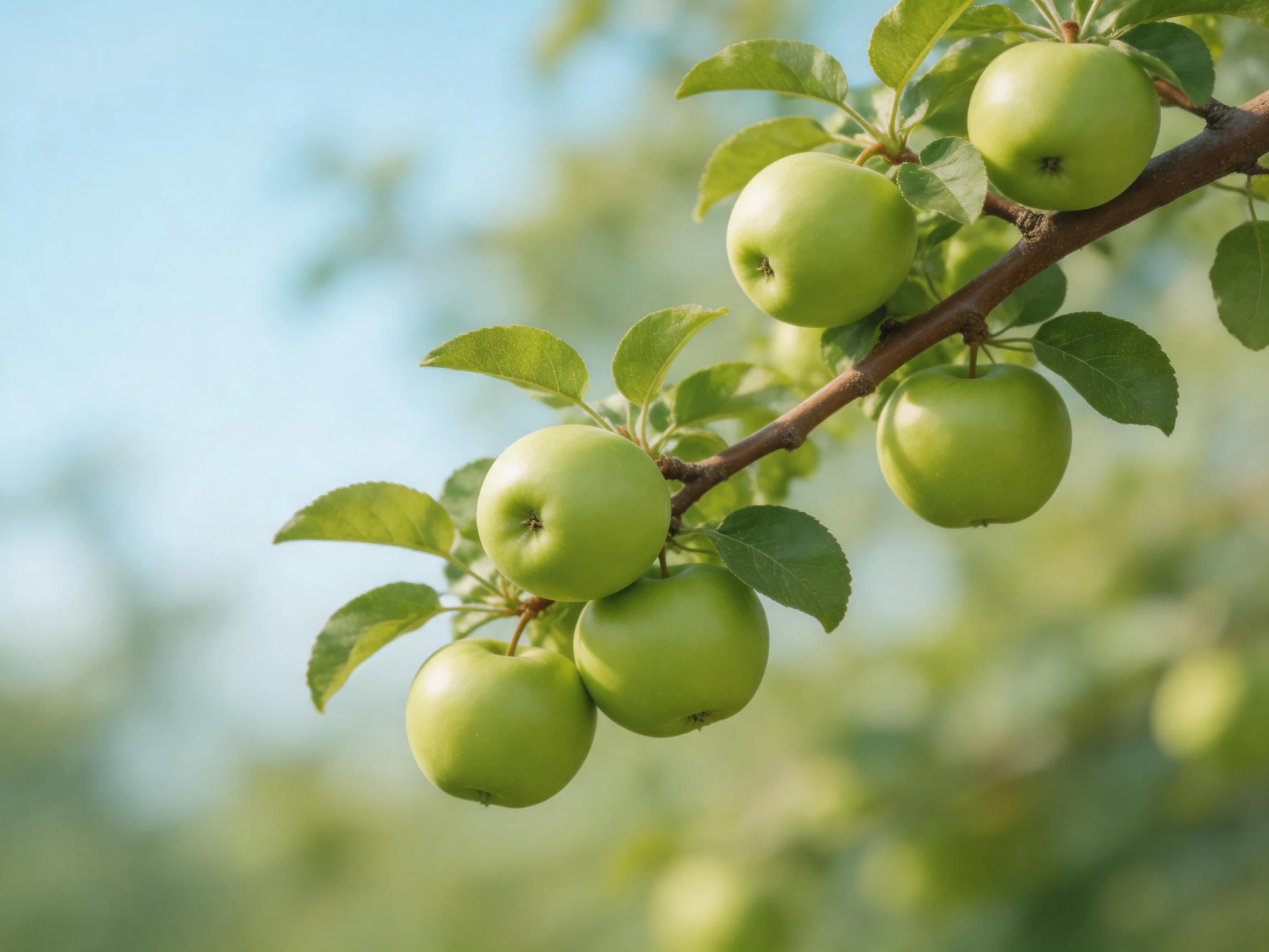 Six green apples grow on a tree branch with lush leaves