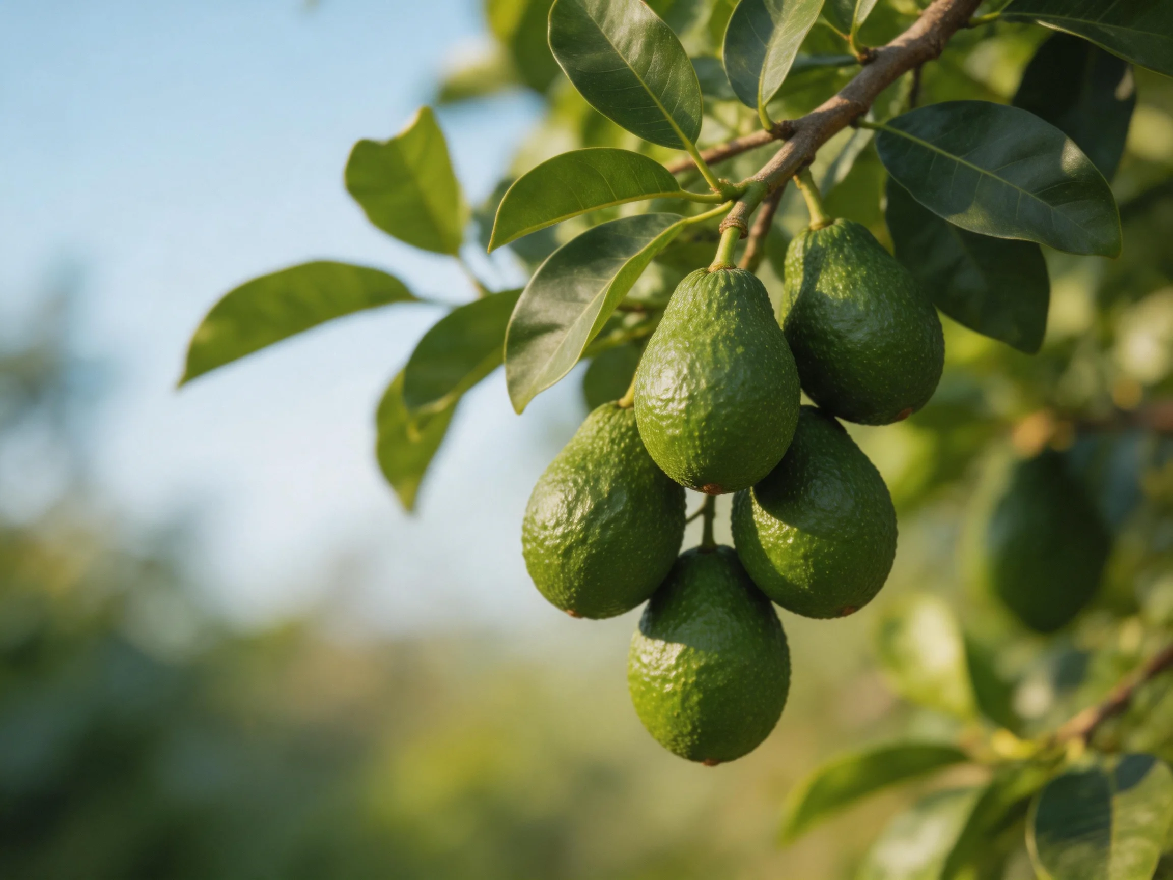 Six green avocados cluster on a leafy tree branch