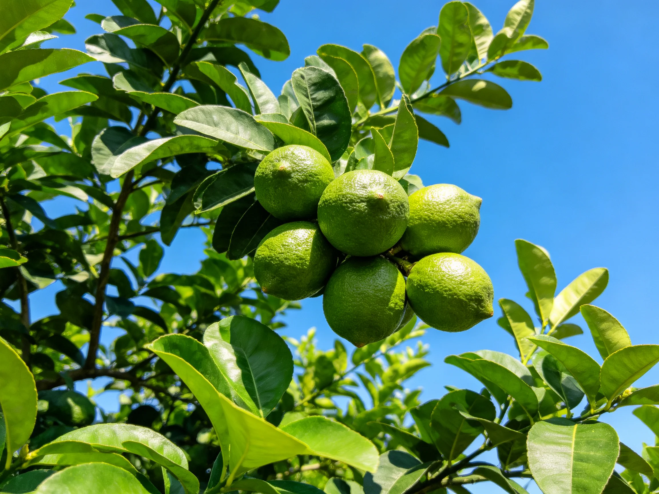 Six green limes cluster on leafy citrus tree against clear blue sky