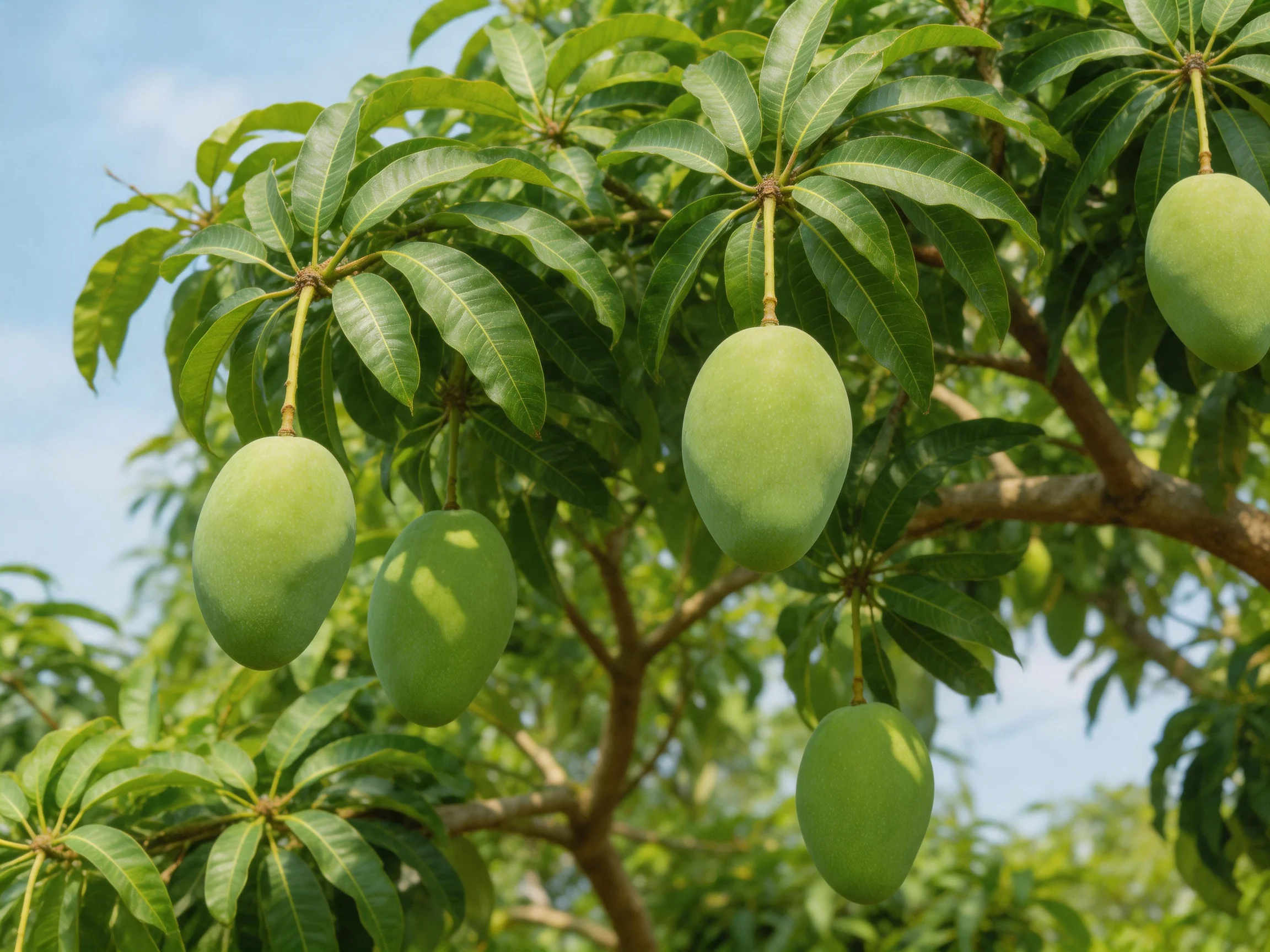 Six green mangoes hang from a lush mango tree with broad leaves