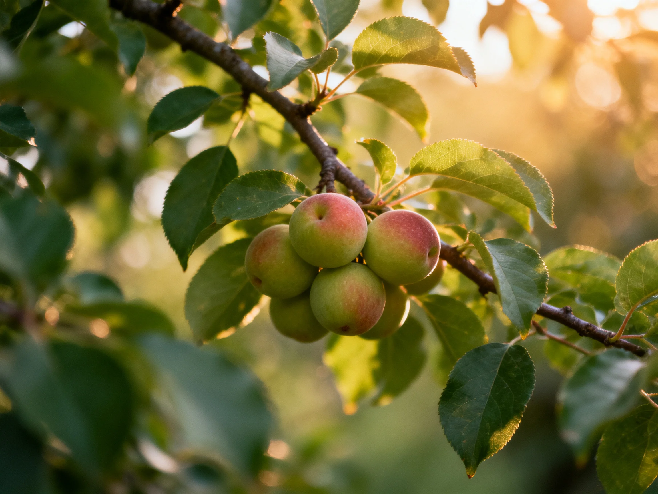 Six green-pink fruits cluster on a tree branch with lush leaves