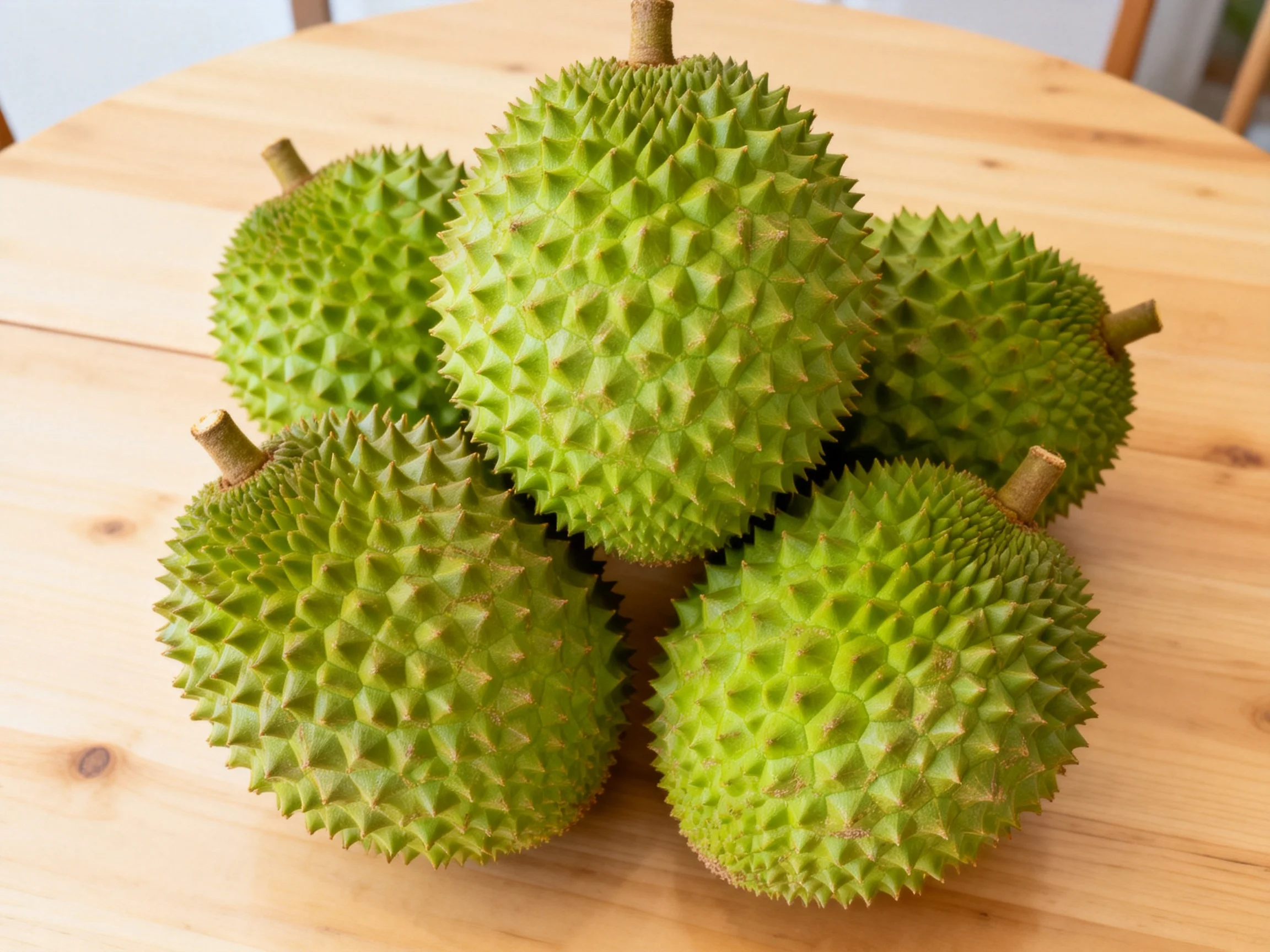 Six green spiky durians clustered on a light wooden surface