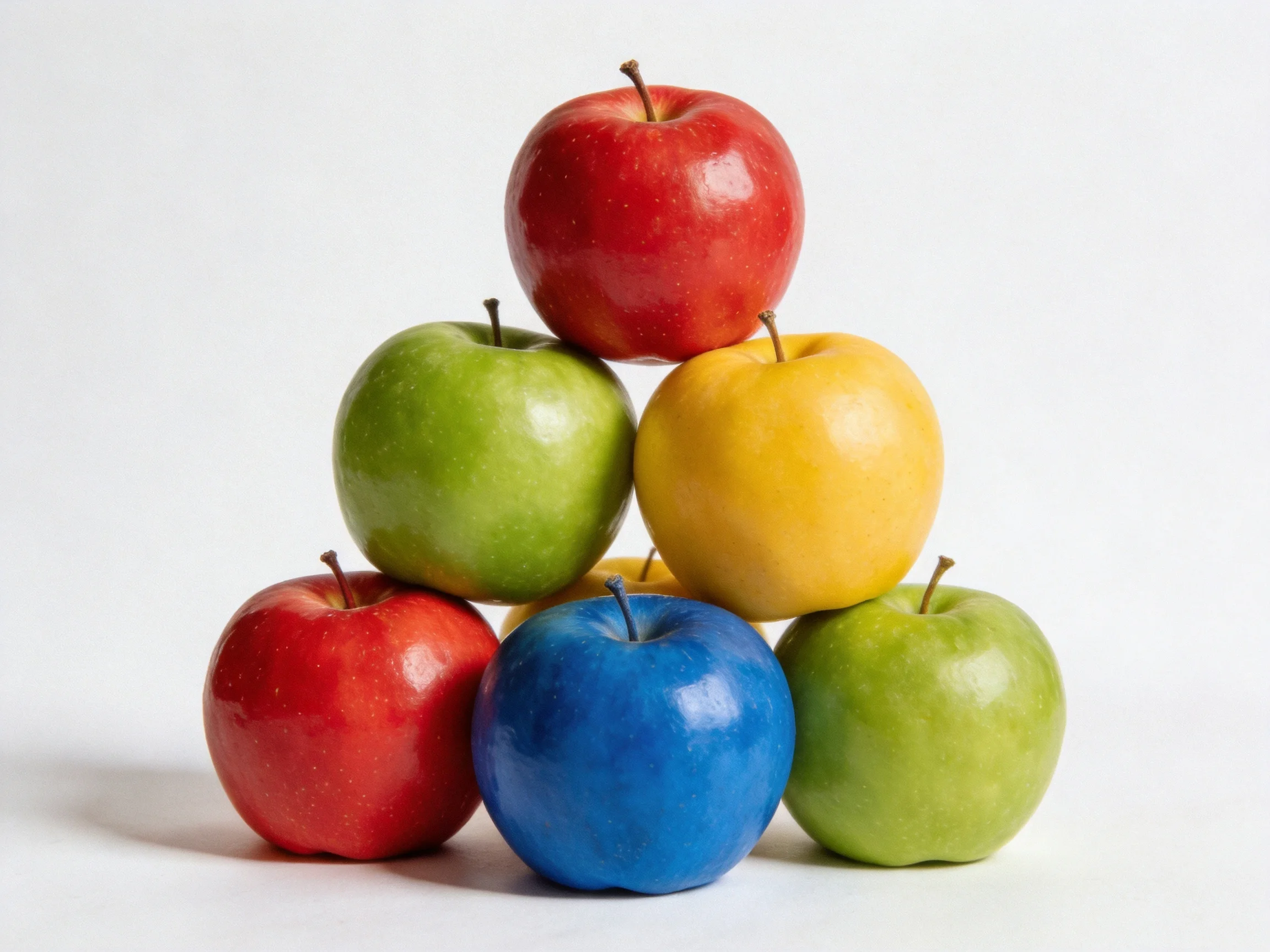 Six multicolored apples arranged in a pyramid with red, green, yellow, and blue hues