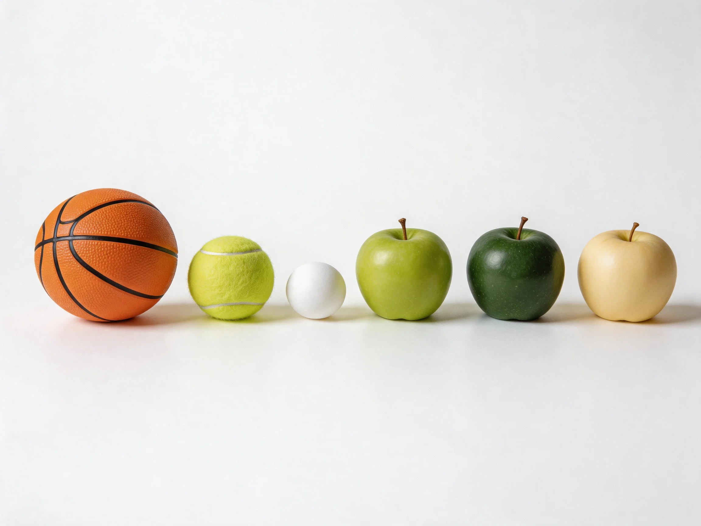 Six objects lined up: orange basketball, yellow tennis ball, white ball, green apple, dark green appl