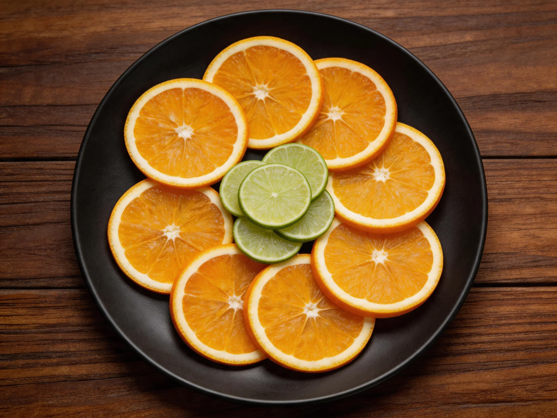 Six orange slices and three lime slices on a black plate