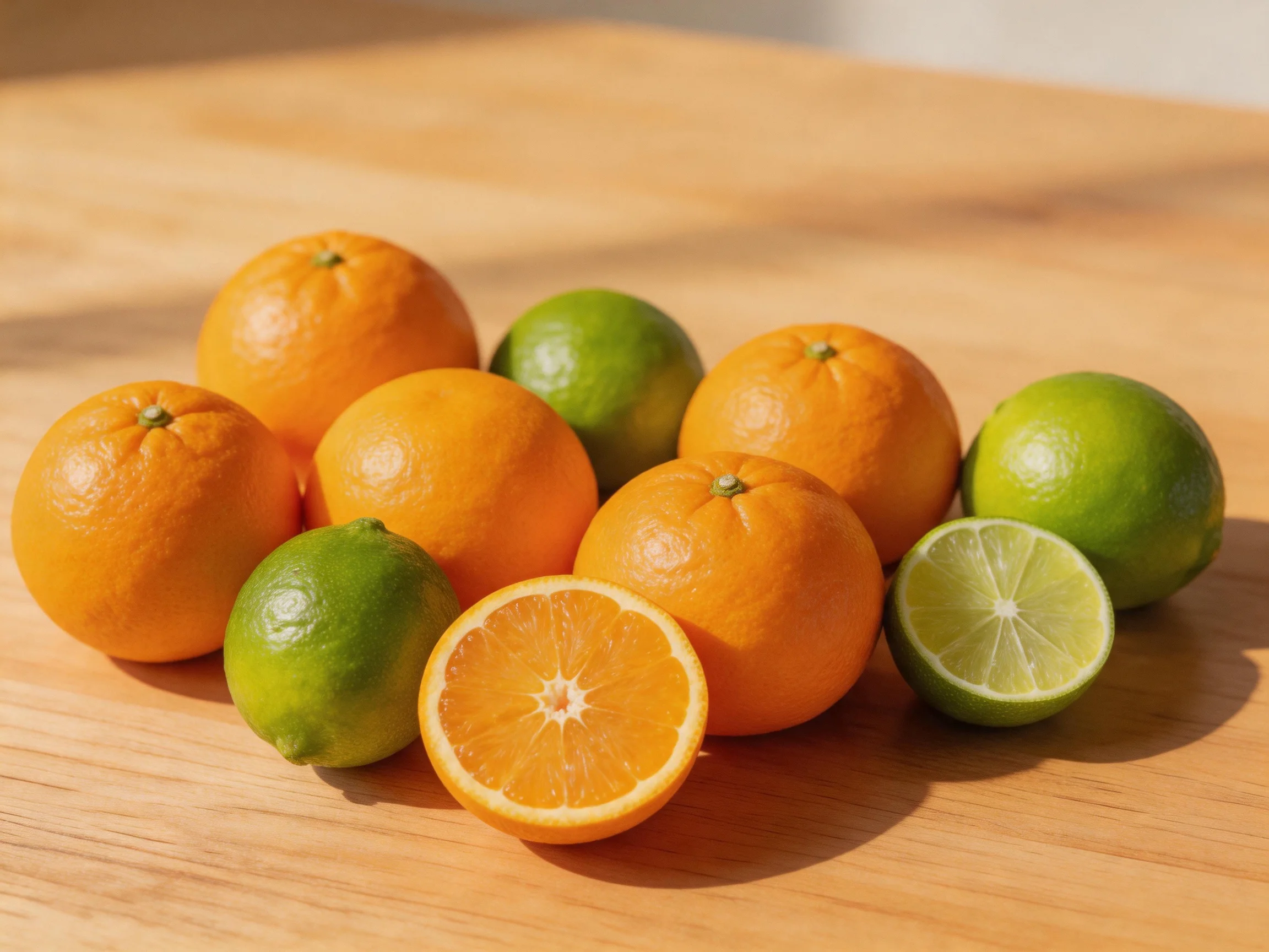 Six oranges and three limes arranged on a wooden surface