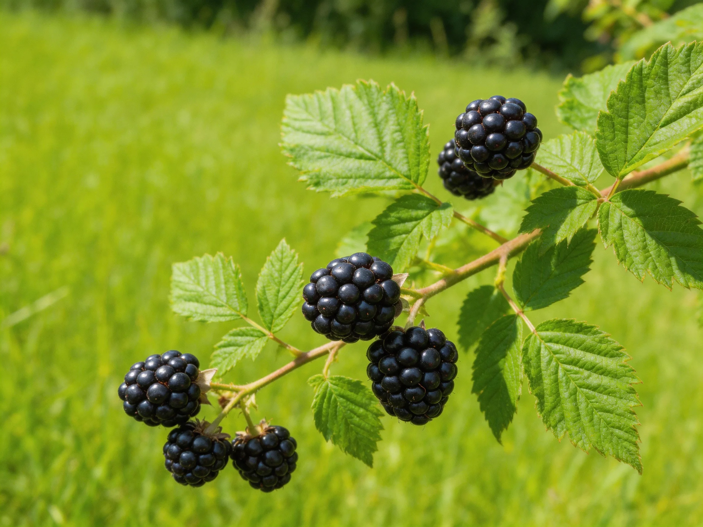Six plump blackberries cluster on a branch with vibrant green leaves outdoors