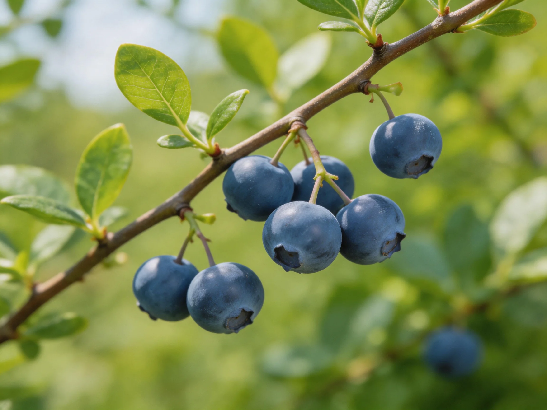 Six plump blueberries hang from a branch with vibrant green leaves