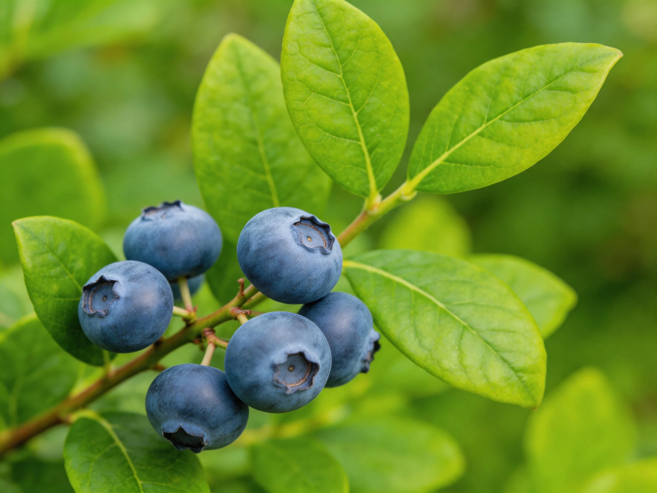 Six plump blueberries nestled among lush green leaves
