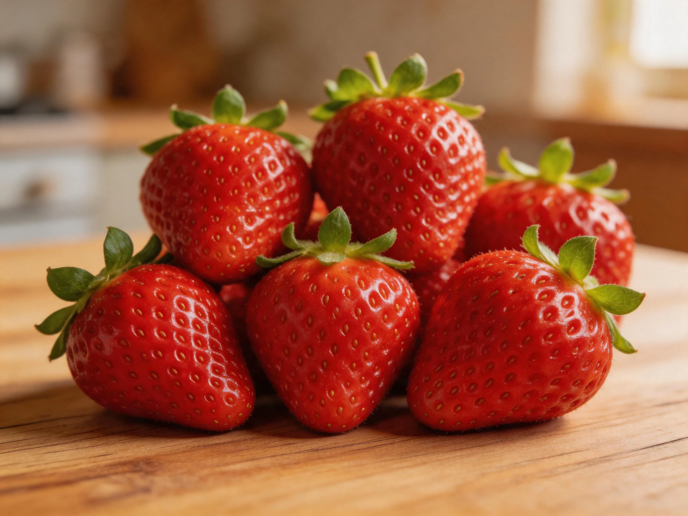 Six plump red strawberries clustered on a wooden cutting board