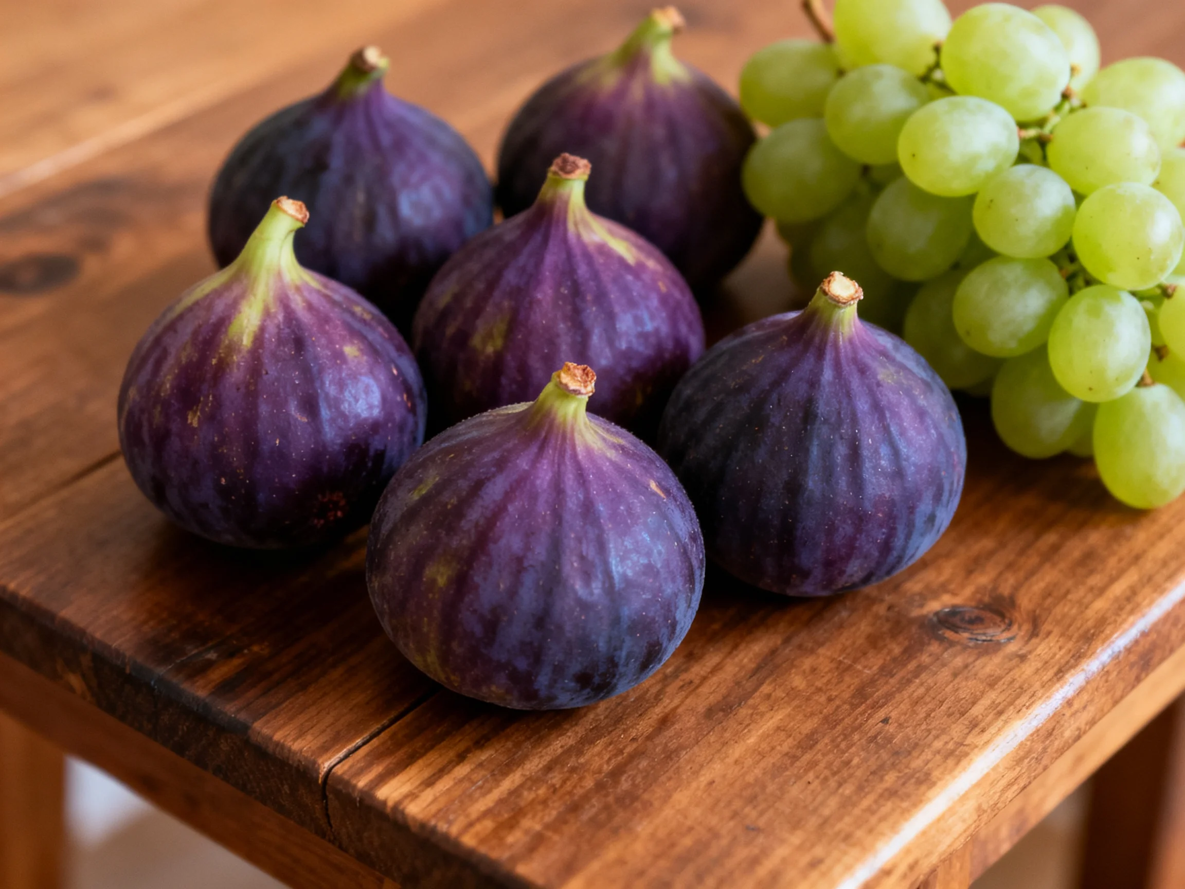 Six purple figs and a cluster of green grapes sit on a polished wooden table.