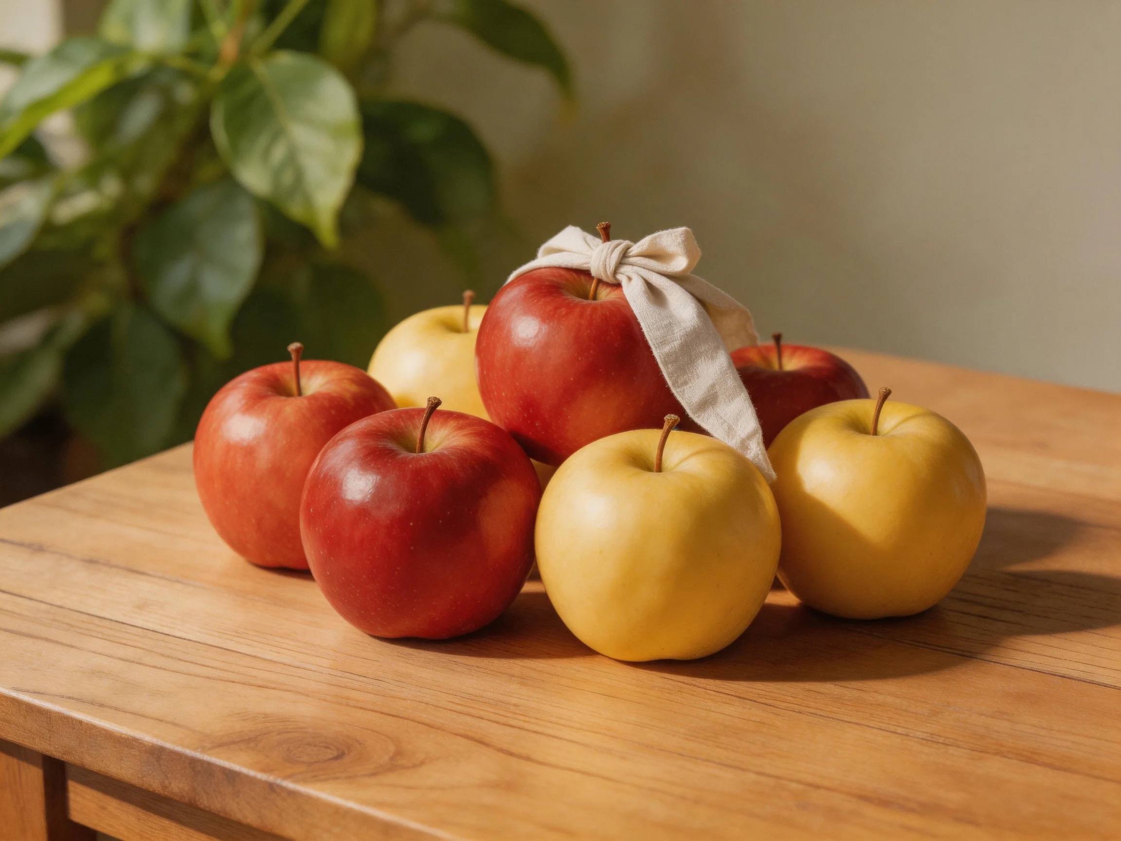 Six red and golden apples arranged on a wooden surface