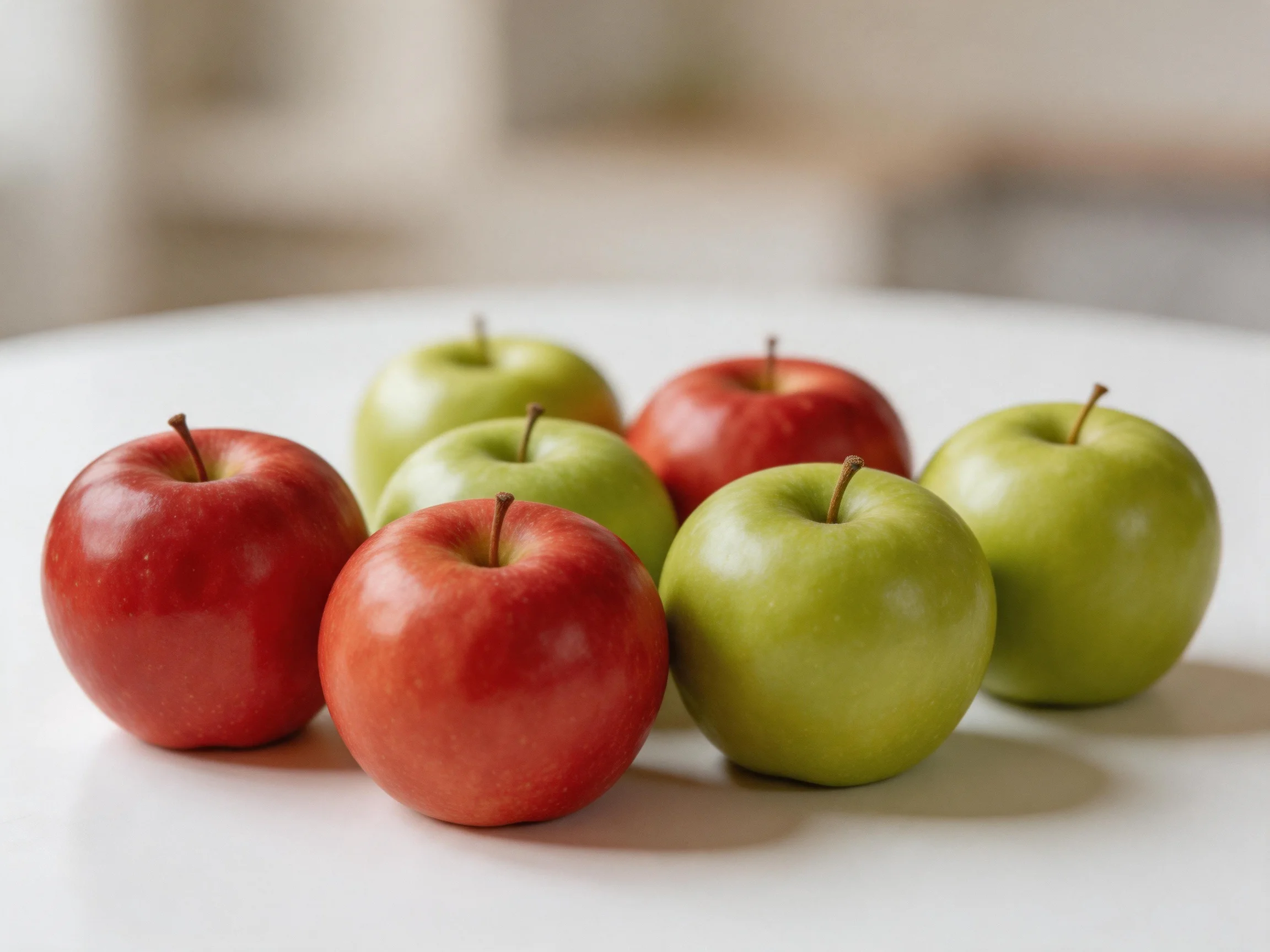Six red and green apples clustered on a smooth white table