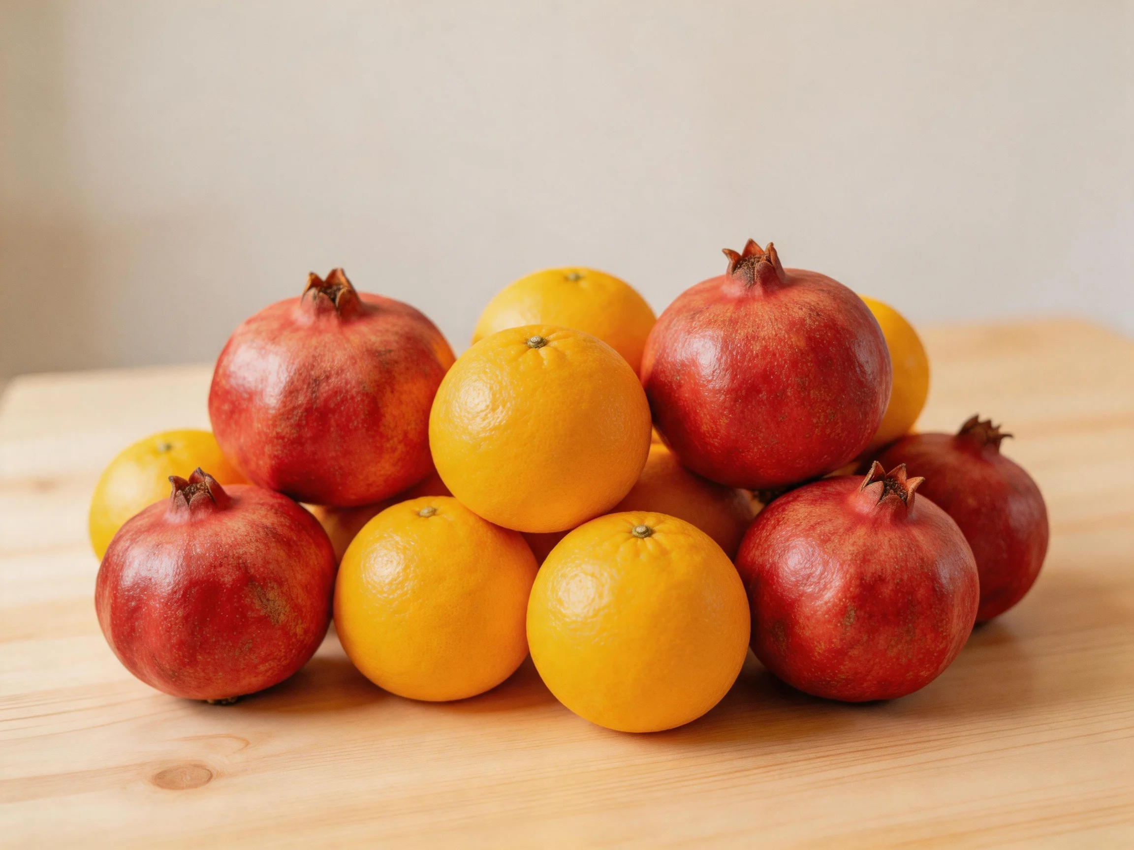 Six red pomegranates and four oranges arranged on a wooden table