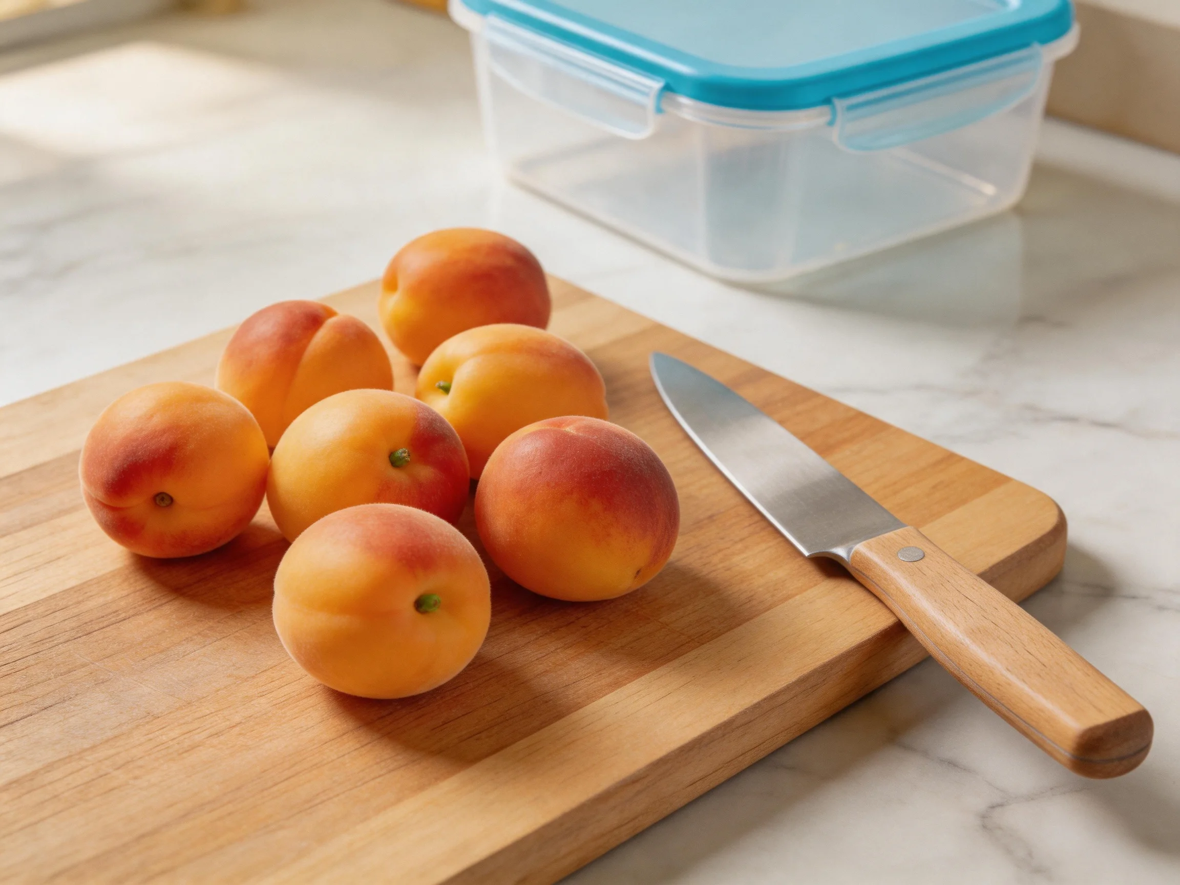 Six ripe apricots rest on a wooden cutting board near a kitchen knife