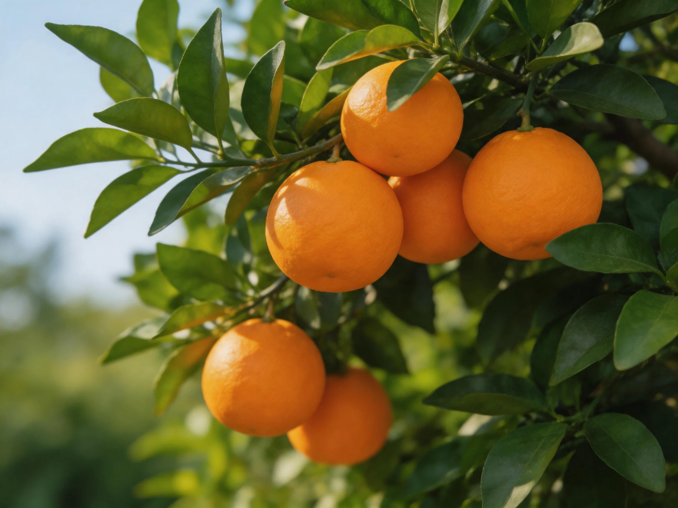 Six ripe oranges cluster among lush green foliage on a citrus tree.