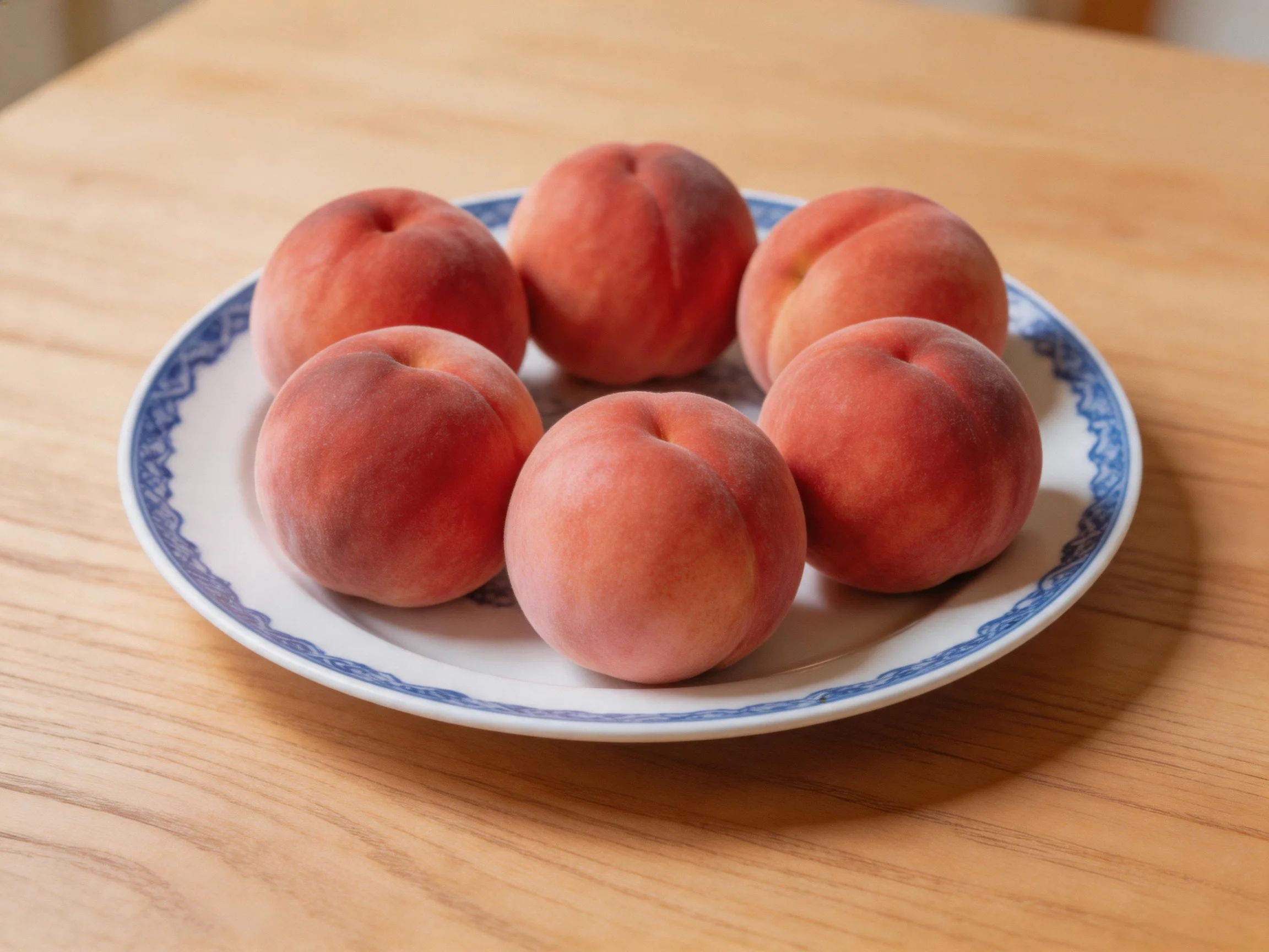 Six ripe peaches arranged on a blue-decorated plate on a wooden table