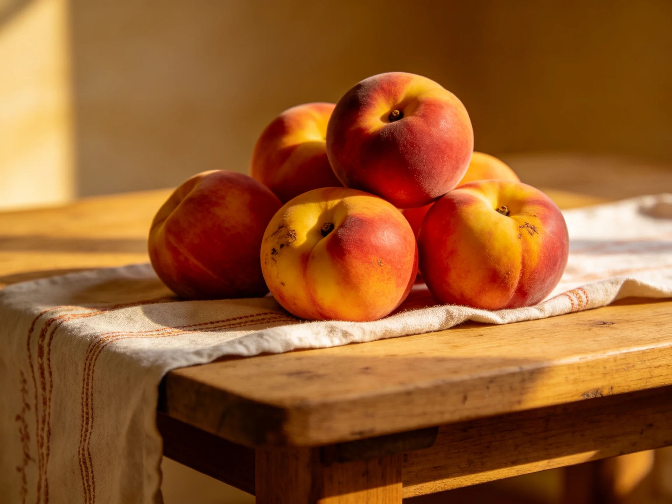 Six ripe peaches stacked on a wooden table with a white cloth